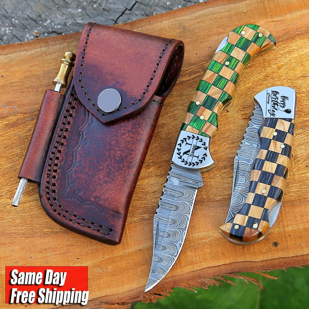 Handmade Damascus Pocket Knife Olive & Blue Handle Birthday Gift Folding Knife Groomsmen Gift Anniversary Wedding Personalized Gift for Men