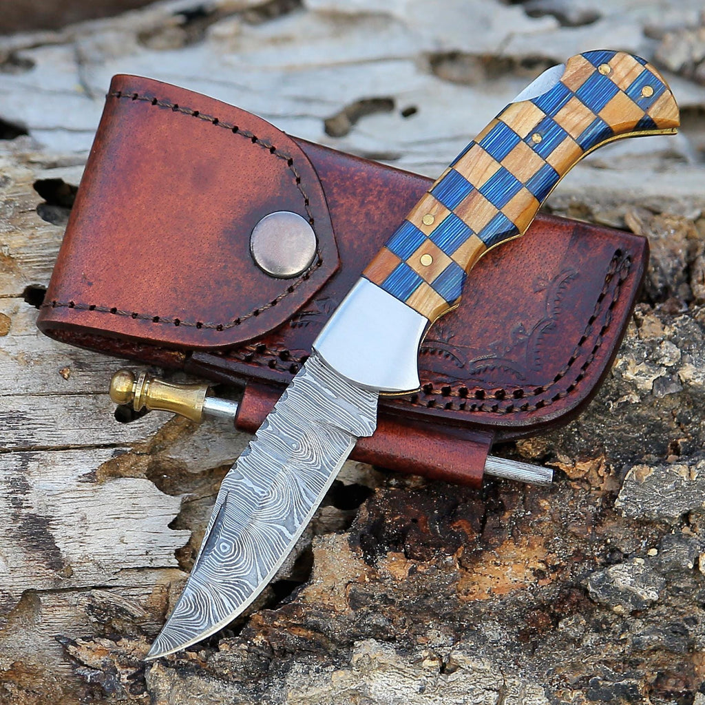 Handmade Damascus Pocket Knife Olive & Blue Handle Birthday Gift Folding Knife Groomsmen Gift Anniversary Wedding Personalized Gift for Men