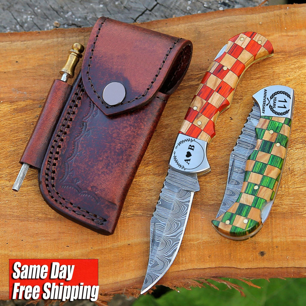 Handmade Damascus Pocket Knife Olive & Blue Handle Birthday Gift Folding Knife Groomsmen Gift Anniversary Wedding Personalized Gift for Men