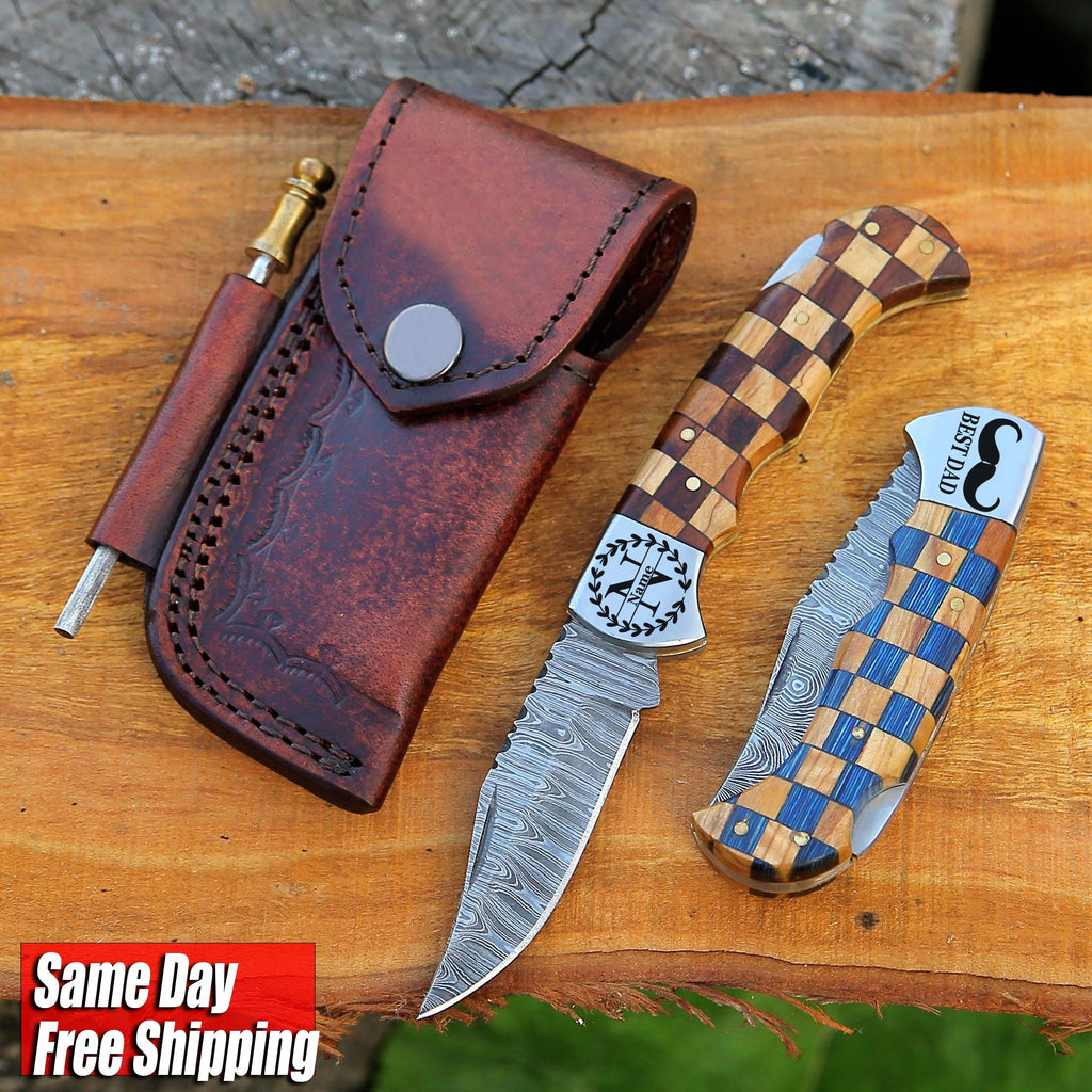 Handmade Damascus Pocket Knife Olive & Blue Handle Birthday Gift Folding Knife Groomsmen Gift Anniversary Wedding Personalized Gift for Men