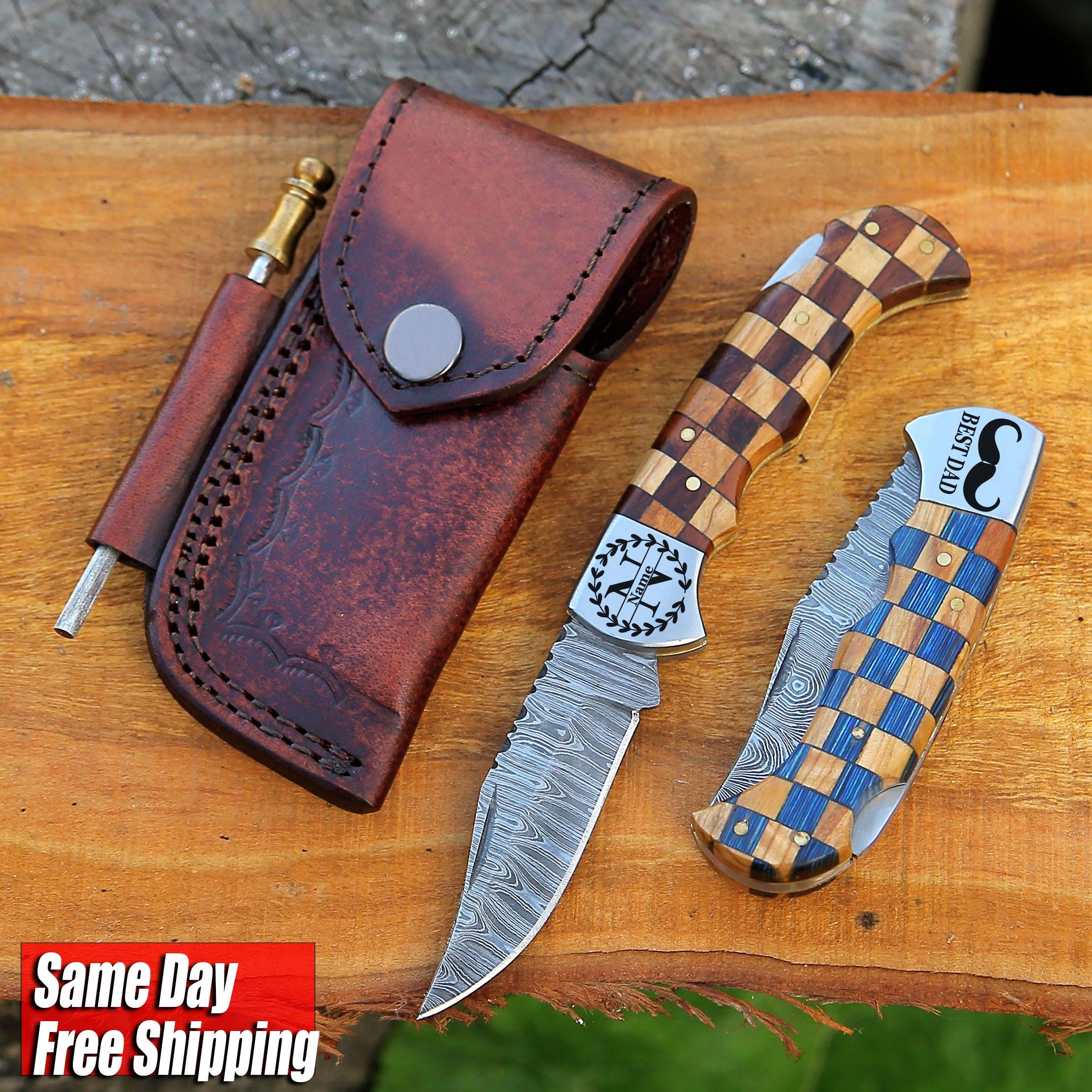 Handmade Damascus Pocket Knife Olive & Blue Handle Birthday Gift Folding Knife Groomsmen Gift Anniversary Wedding Personalized Gift for Men