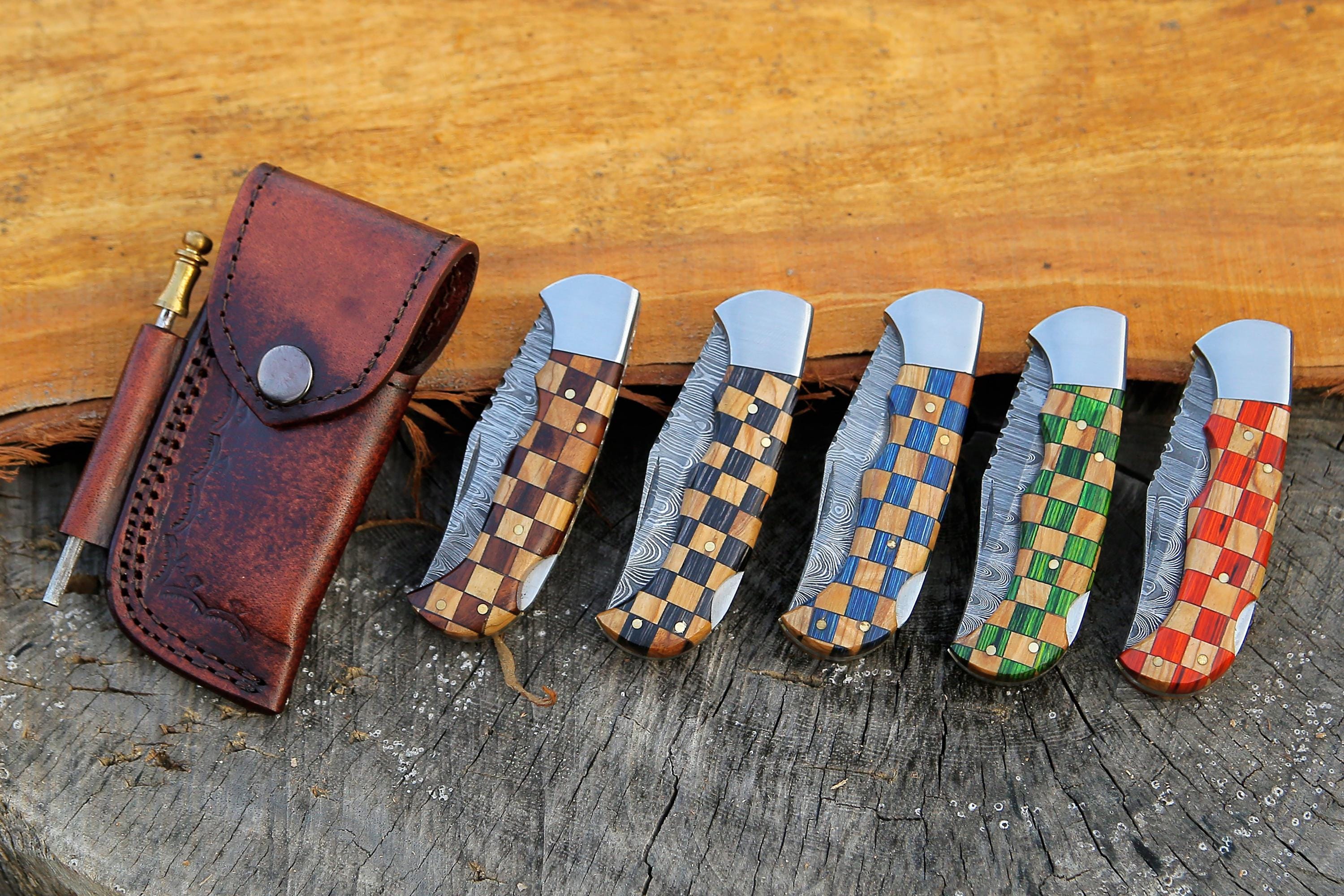 Handmade Damascus Pocket Knife Olive & Blue Handle Birthday Gift Folding Knife Groomsmen Gift Anniversary Wedding Personalized Gift for Men