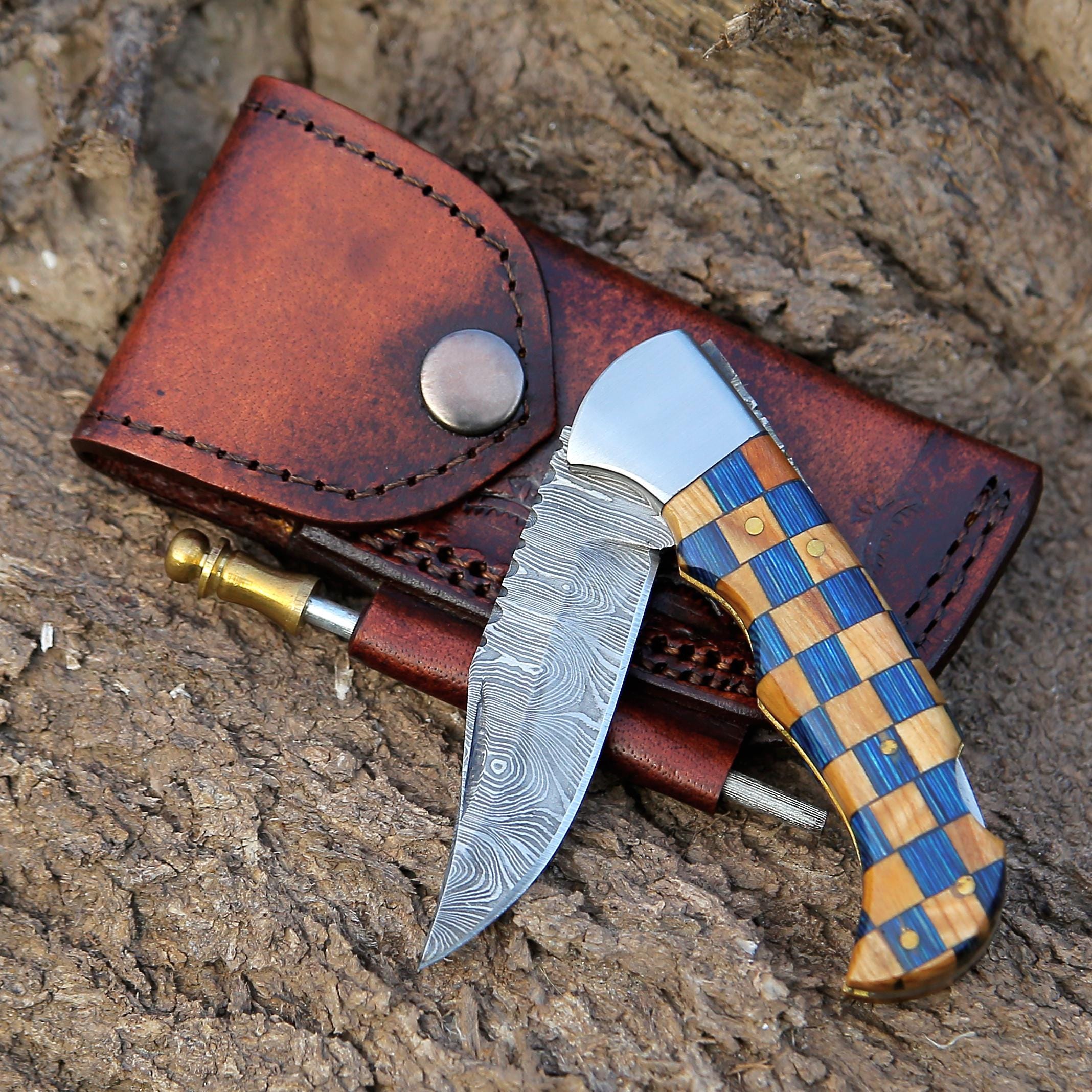 Handmade Damascus Pocket Knife Olive & Blue Handle Birthday Gift Folding Knife Groomsmen Gift Anniversary Wedding Personalized Gift for Men