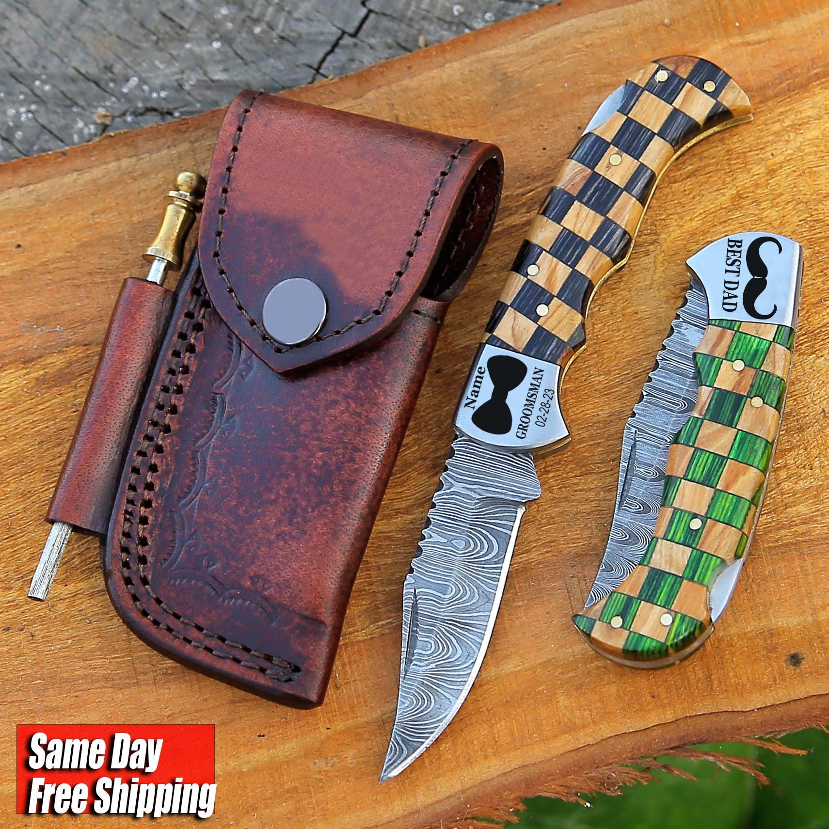 Handmade Damascus Pocket Knife Olive & Blue Handle Birthday Gift Folding Knife Groomsmen Gift Anniversary Wedding Personalized Gift for Men