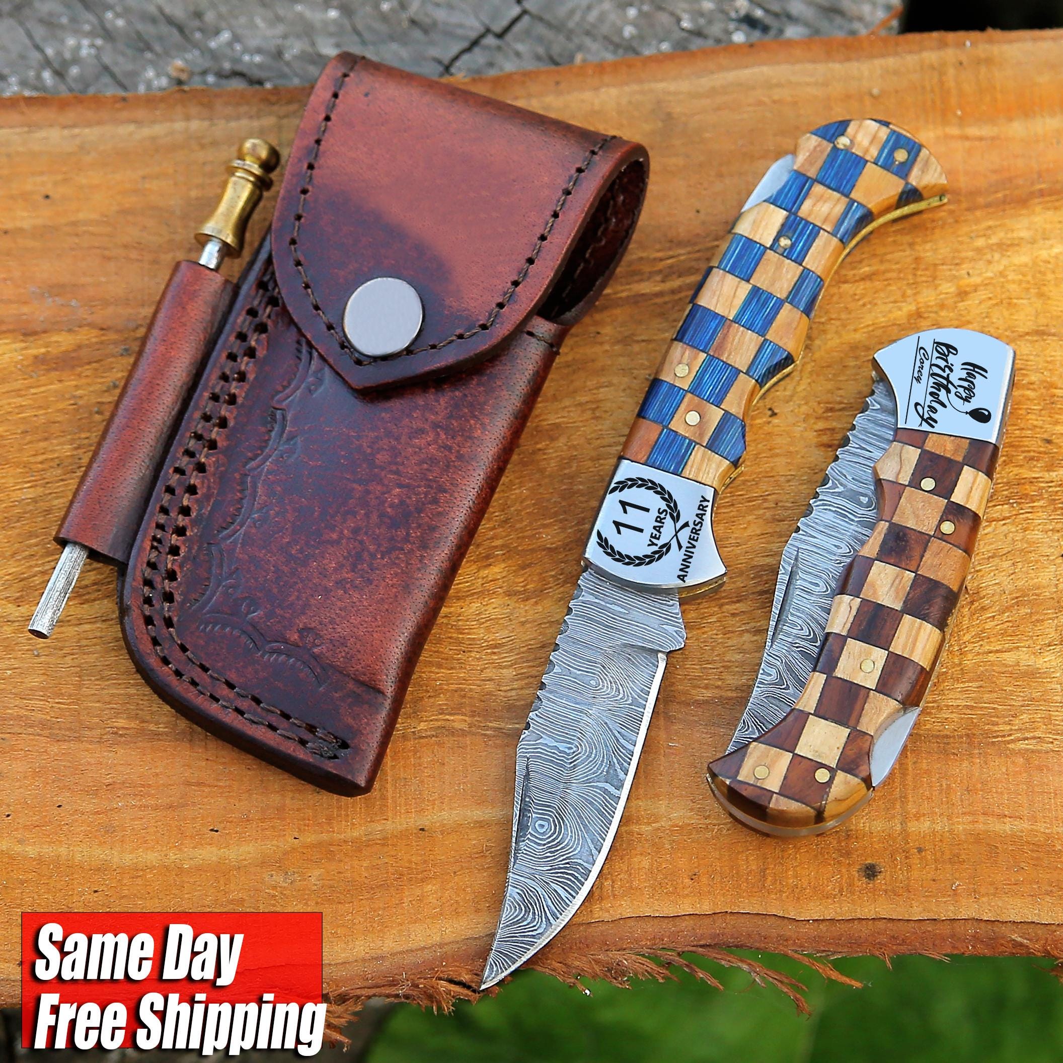 Handmade Damascus Pocket Knife Olive & Blue Handle Birthday Gift Folding Knife Groomsmen Gift Anniversary Wedding Personalized Gift for Men