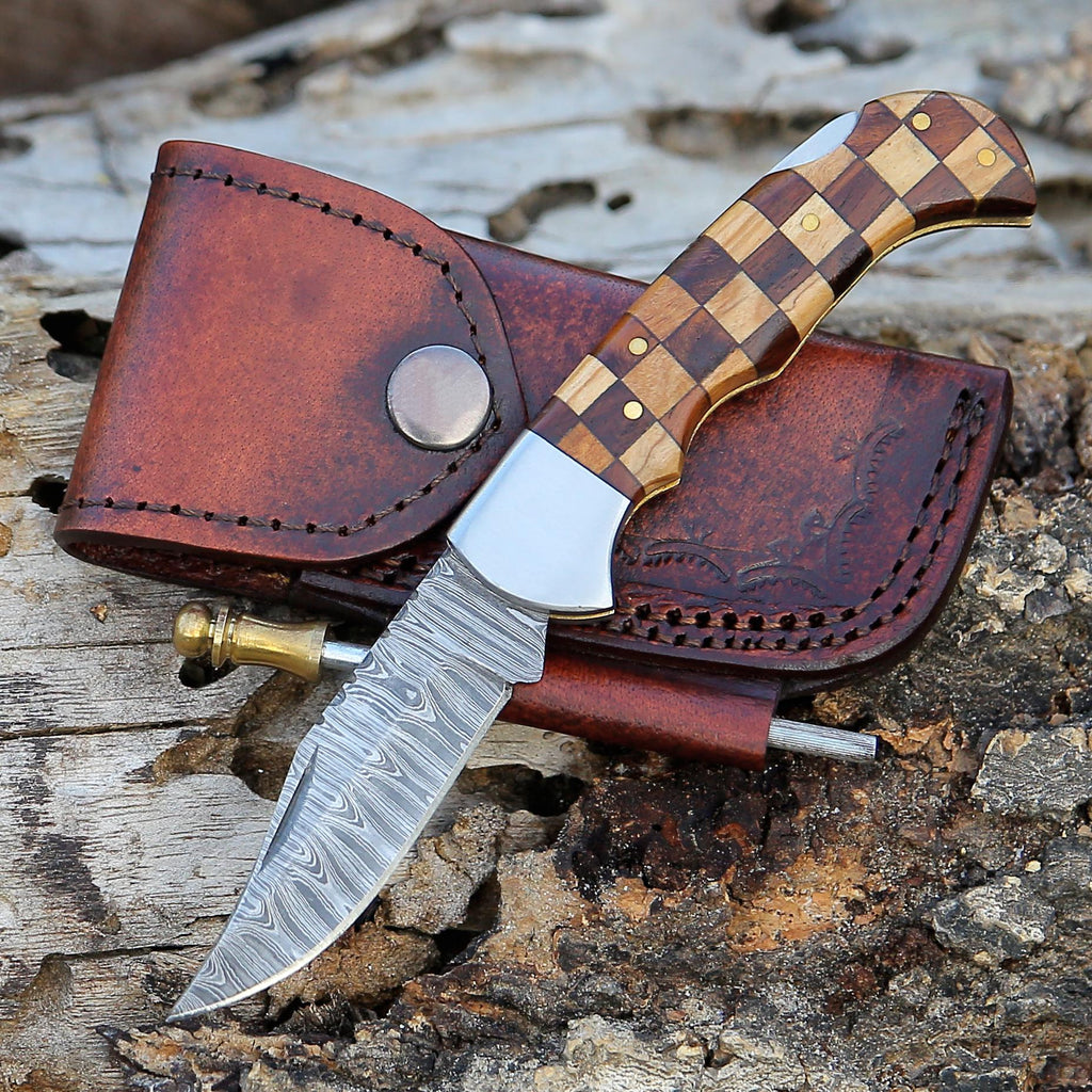 Handmade Damascus Pocket Knife Olive & Blue Handle Birthday Gift Folding Knife Groomsmen Gift Anniversary Wedding Personalized Gift for Men