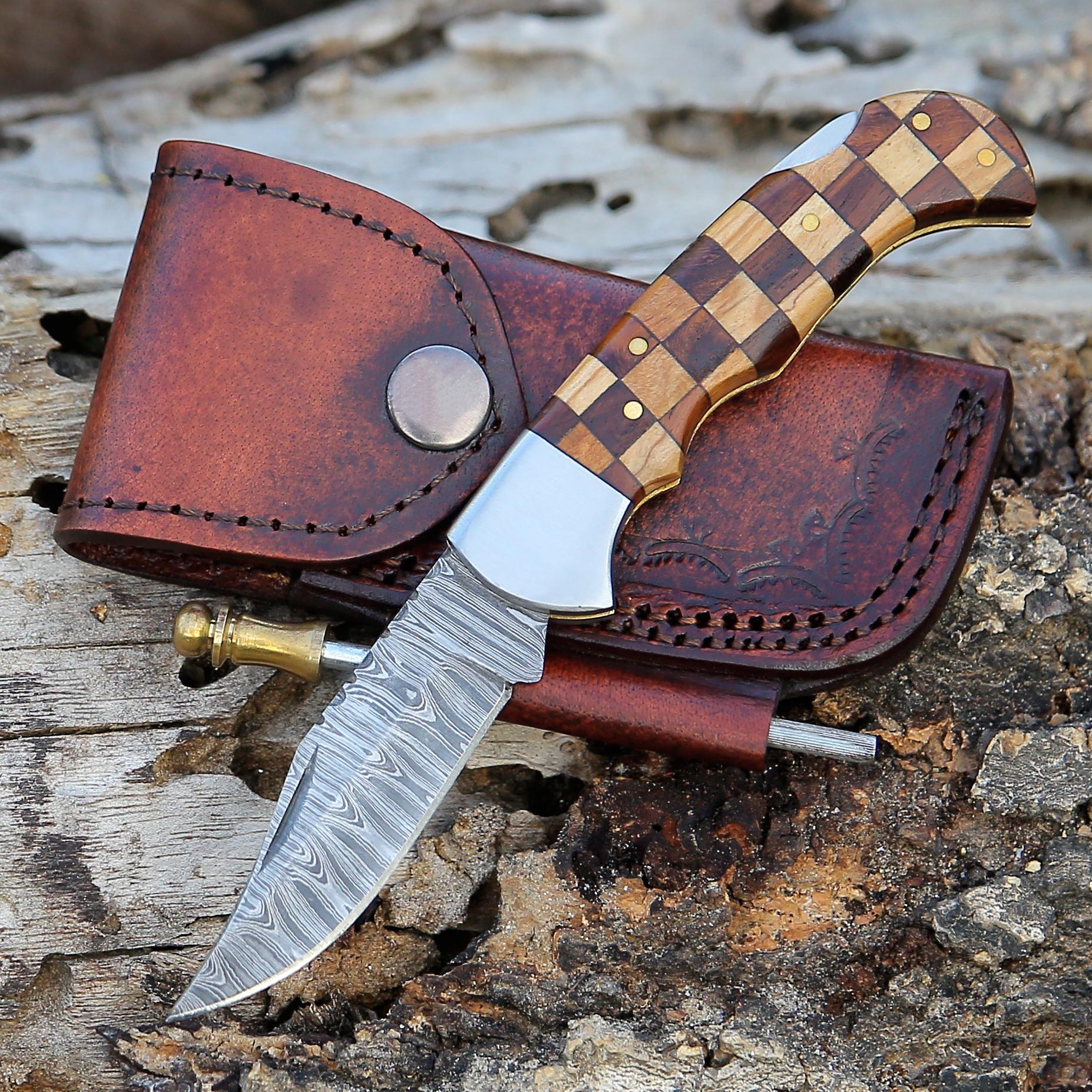 Handmade Damascus Pocket Knife Olive & Blue Handle Birthday Gift Folding Knife Groomsmen Gift Anniversary Wedding Personalized Gift for Men