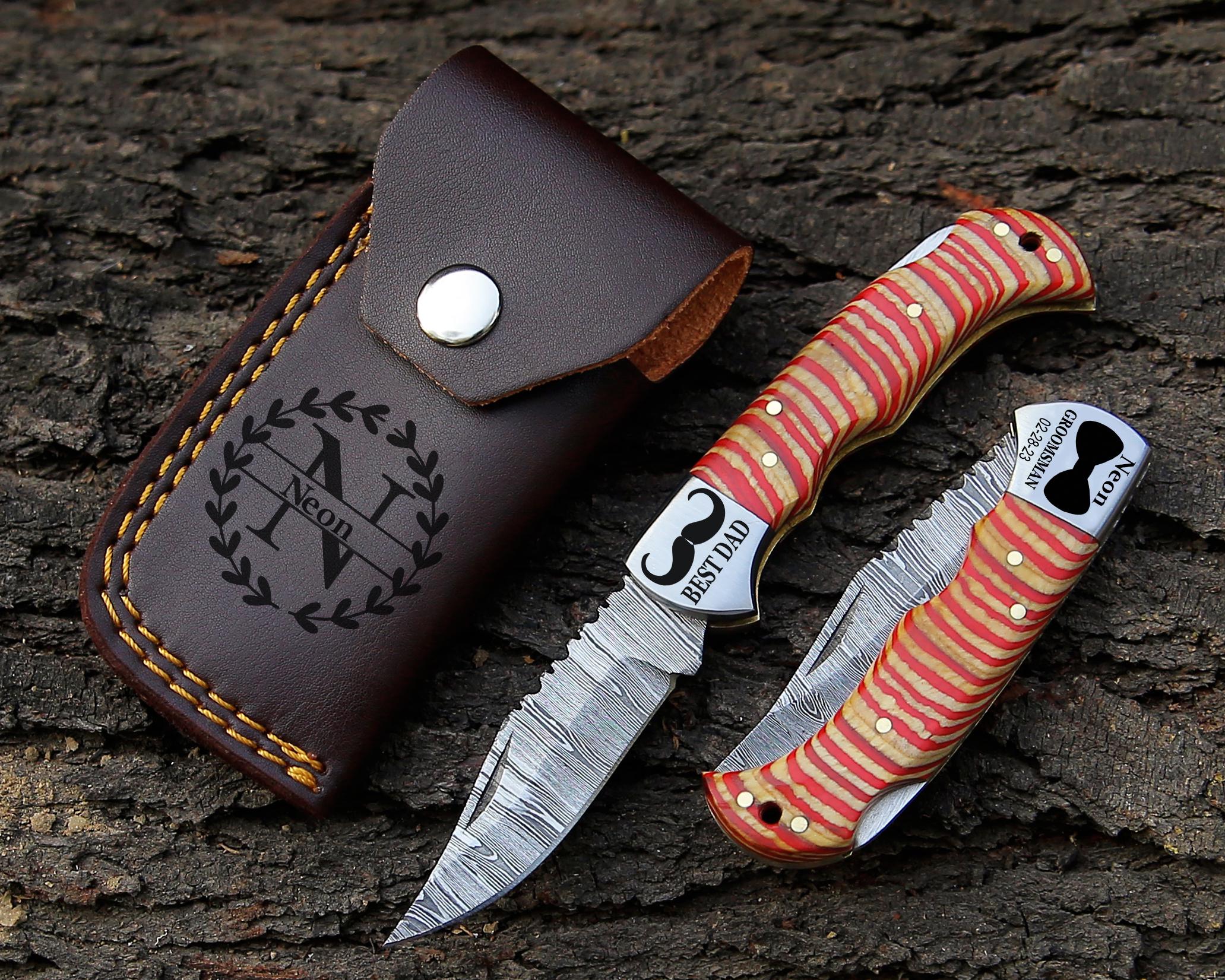 Personalized Handmade Damascus Pocket Knife Multi Wood Handle Father day Gift Wedding Folding Knife Groomsmen Anniversary Gift for Boyfriend