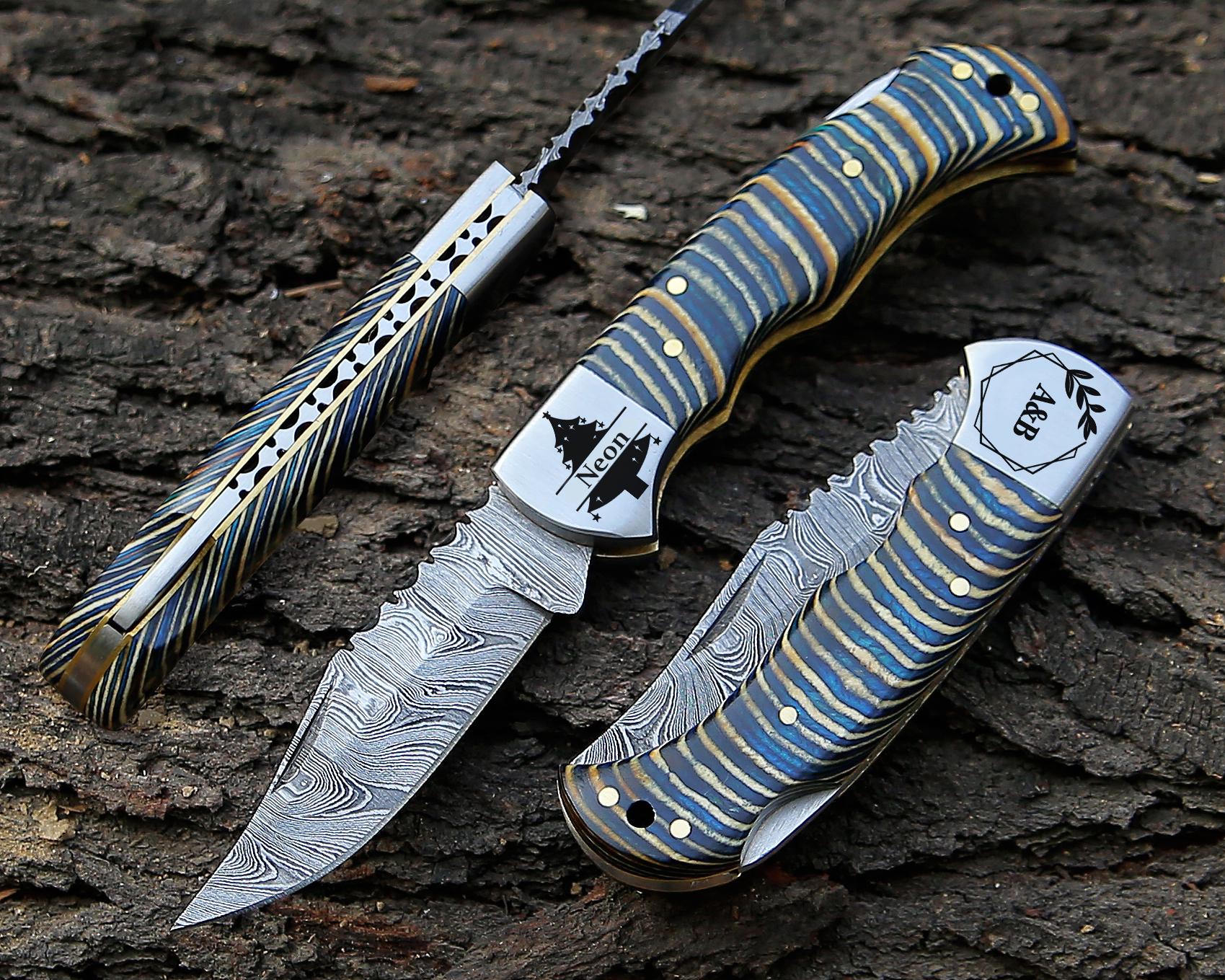 Personalized Handmade Damascus Pocket Knife Multi Wood Handle Father day Gift Wedding Folding Knife Groomsmen Anniversary Gift for Boyfriend