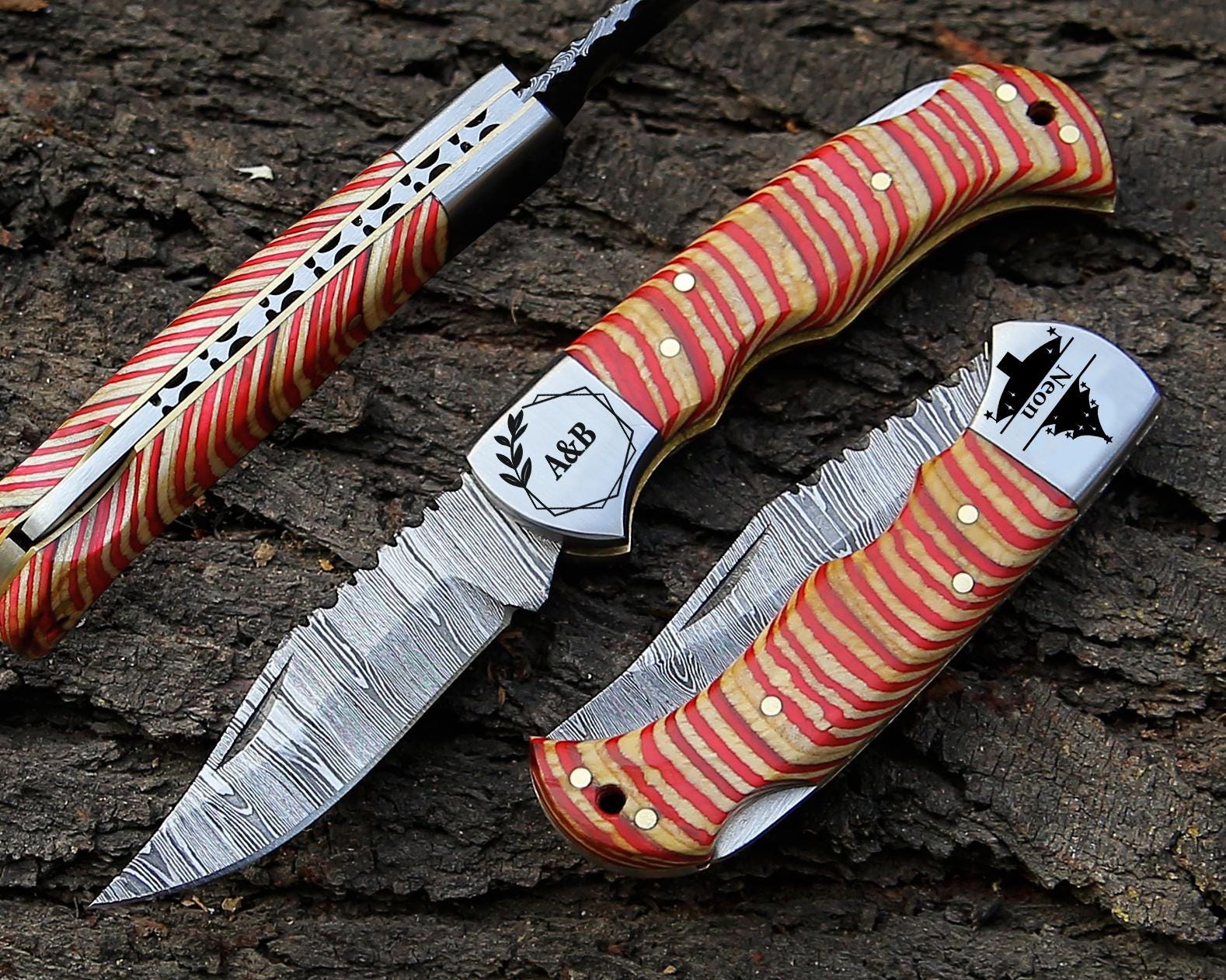 Personalized Handmade Damascus Pocket Knife Multi Wood Handle Father day Gift Wedding Folding Knife Groomsmen Anniversary Gift for Boyfriend