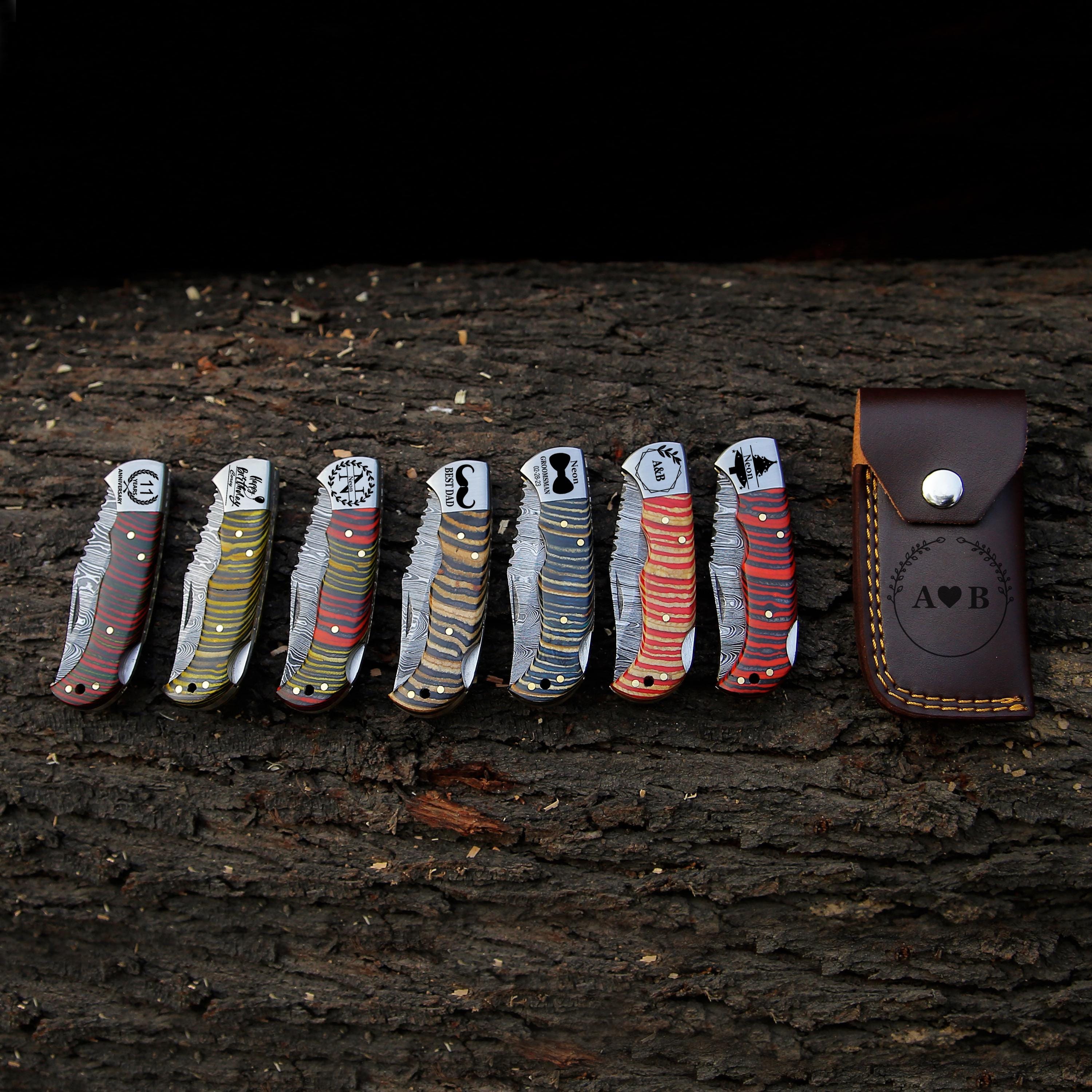 Personalized Handmade Damascus Pocket Knife Multi Wood Handle Father day Gift Wedding Folding Knife Groomsmen Anniversary Gift for Boyfriend