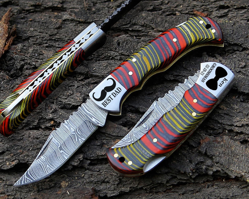 Personalized Handmade Damascus Pocket Knife Multi Wood Handle Father day Gift Wedding Folding Knife Groomsmen Anniversary Gift for Boyfriend