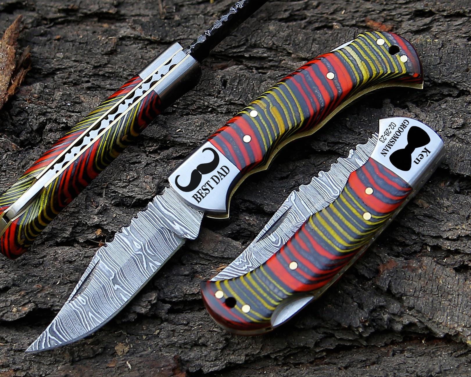 Personalized Handmade Damascus Pocket Knife Multi Wood Handle Father day Gift Wedding Folding Knife Groomsmen Anniversary Gift for Boyfriend