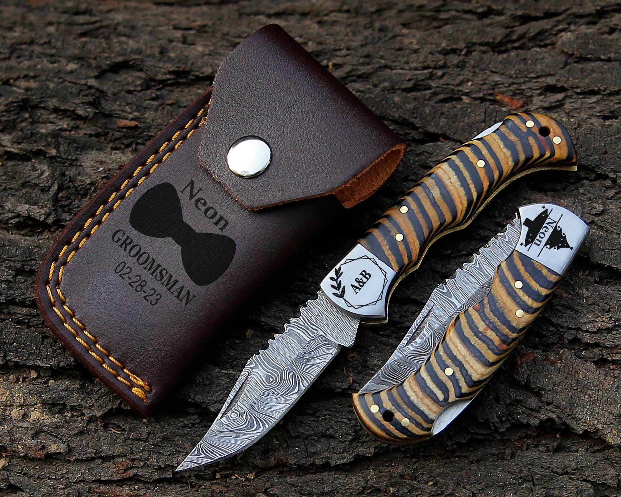Personalized Handmade Damascus Pocket Knife Multi Wood Handle Father day Gift Wedding Folding Knife Groomsmen Anniversary Gift for Boyfriend