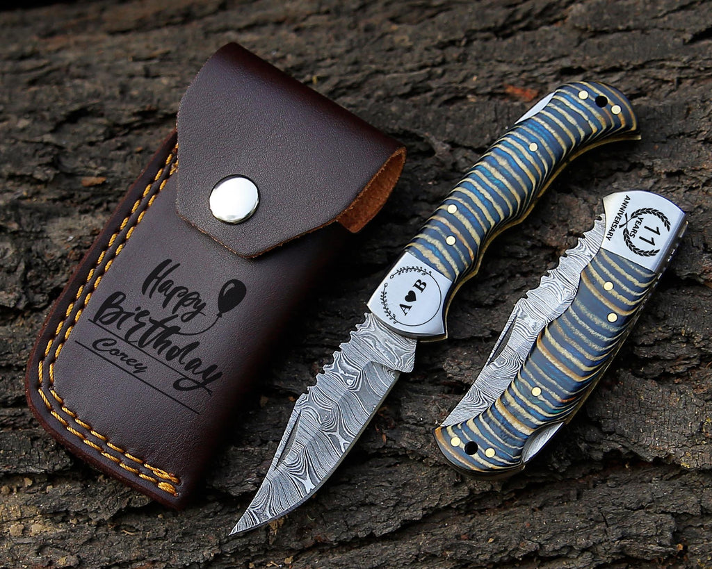 Personalized Handmade Damascus Pocket Knife Multi Wood Handle Father day Gift Wedding Folding Knife Groomsmen Anniversary Gift for Boyfriend