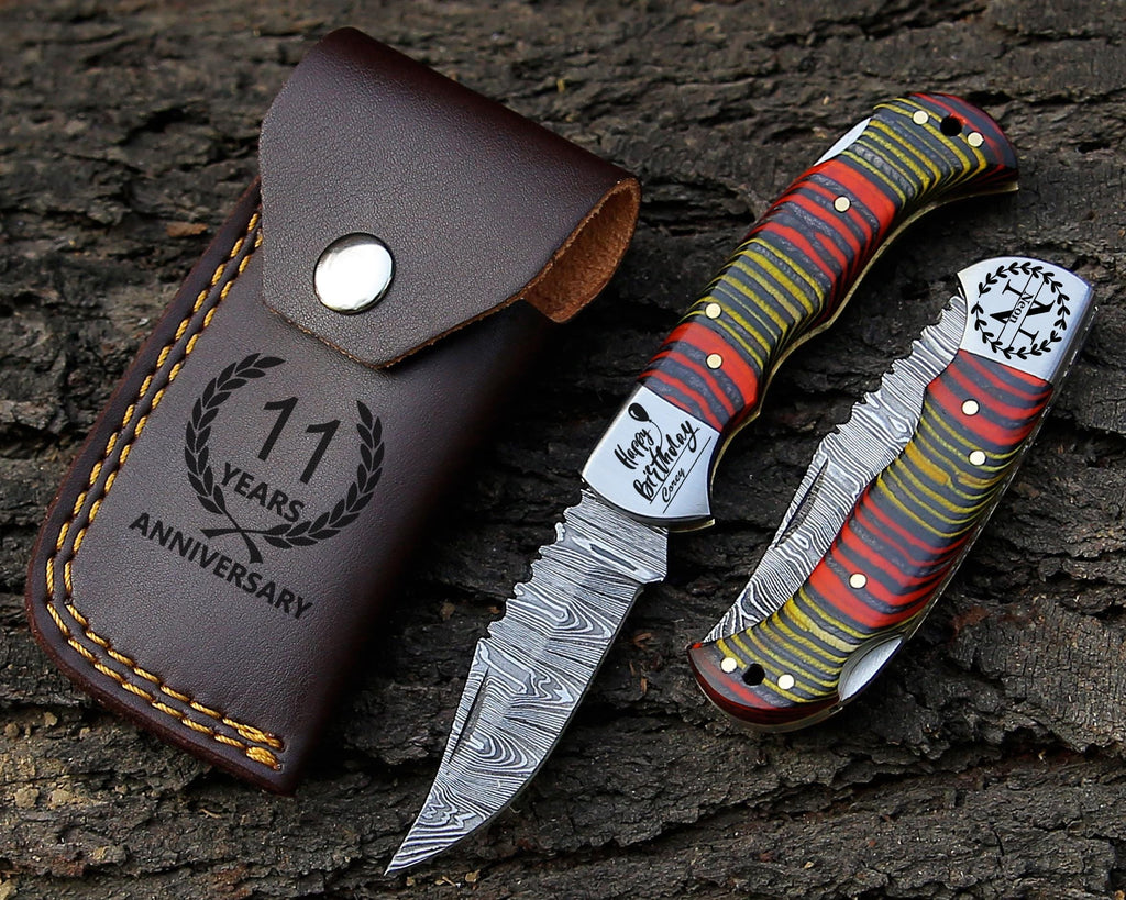Personalized Handmade Damascus Pocket Knife Multi Wood Handle Father day Gift Wedding Folding Knife Groomsmen Anniversary Gift for Boyfriend