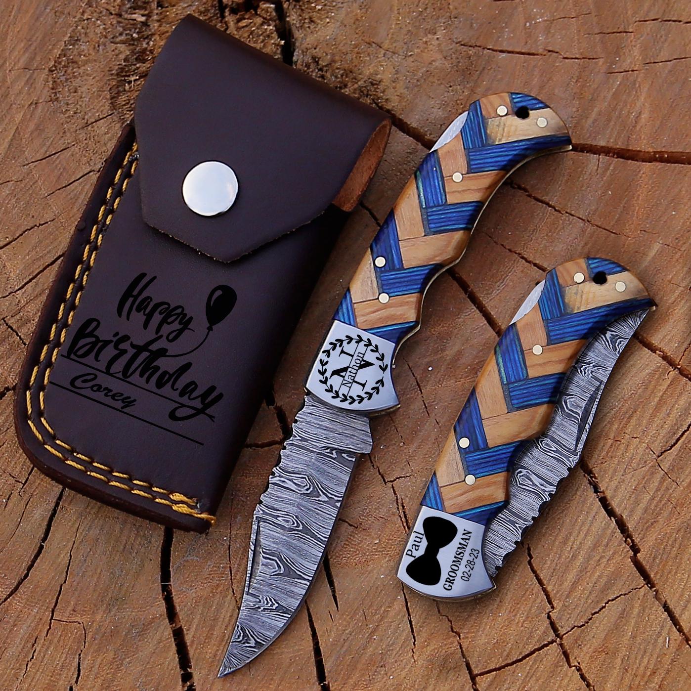 Personalized Damascus Pocket Knife Bestman Gift 5th Anniversary gift Wedding gift for Boyfriend birthday gift for father thanksgiving gift