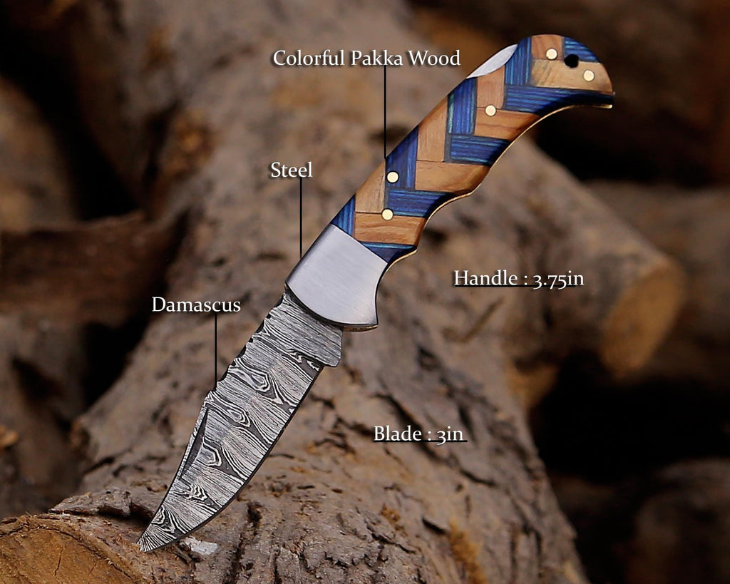 Personalized Handmade Damascus Steel Pocket Knife Blue Handle Best dad Gift for Men Folding Knife Groomsmen 11 Anniversary Husband Gifts