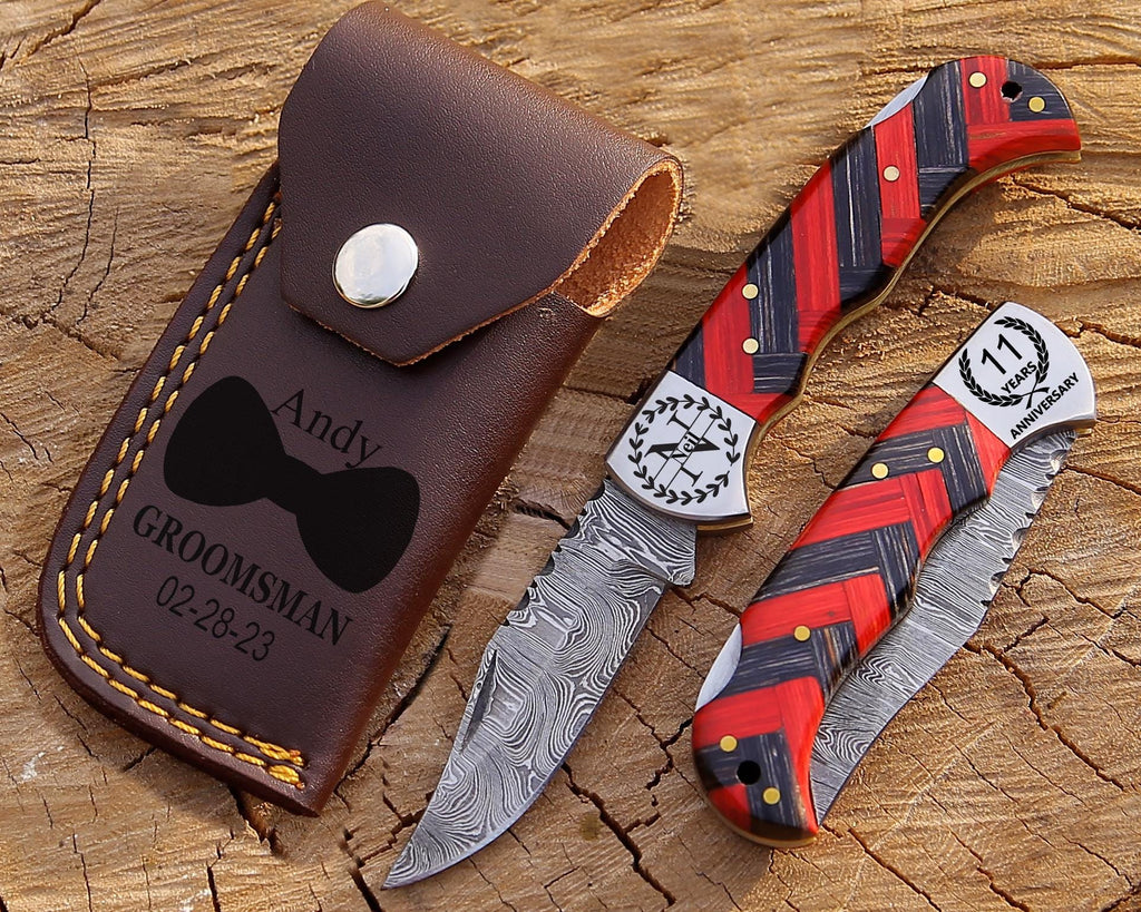 Personalized Damascus Pocket Knife Bestman Gift 5th Anniversary gift Wedding gift for Boyfriend birthday gift for father thanksgiving gift