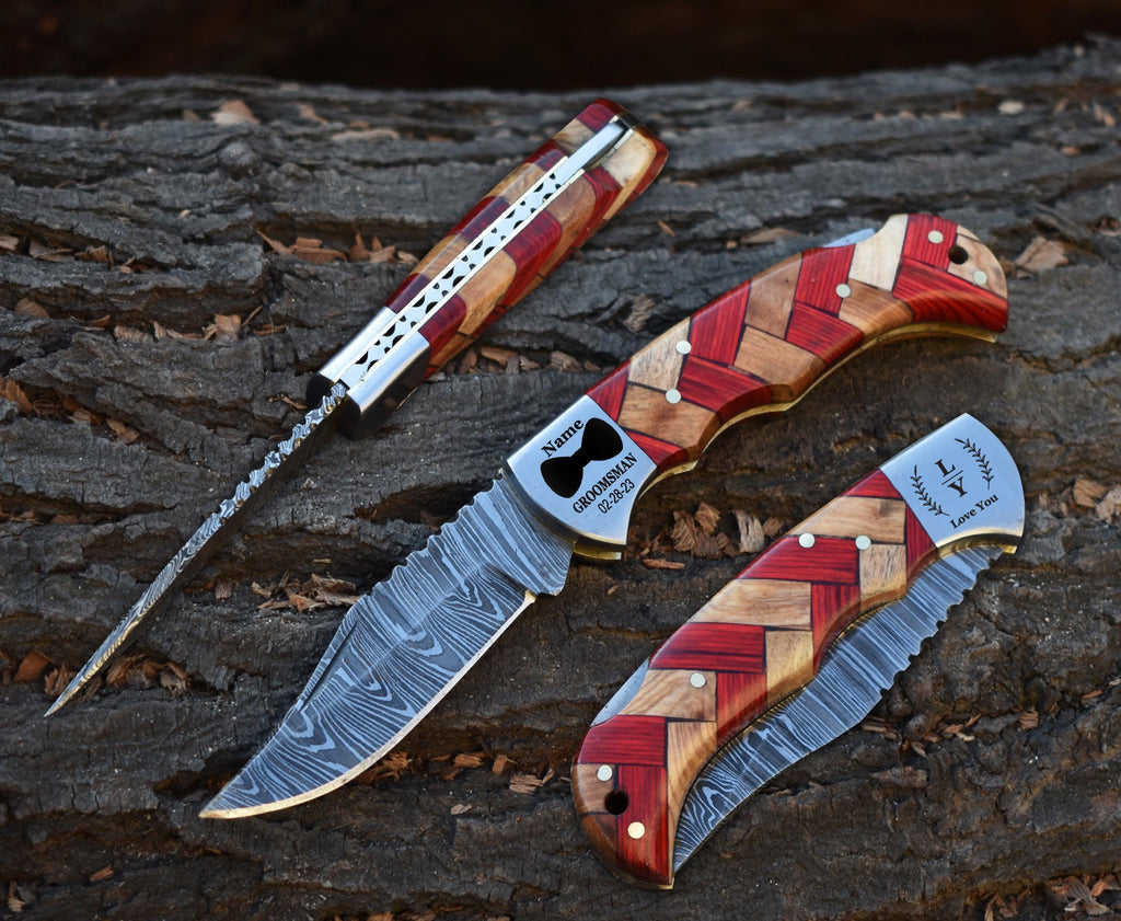 Handmade Damascus Pocket Knife Custom Groomsmen Gift Anniversary Gift for him Dad Husband Personalized Gift for Men Graduation gifts for him
