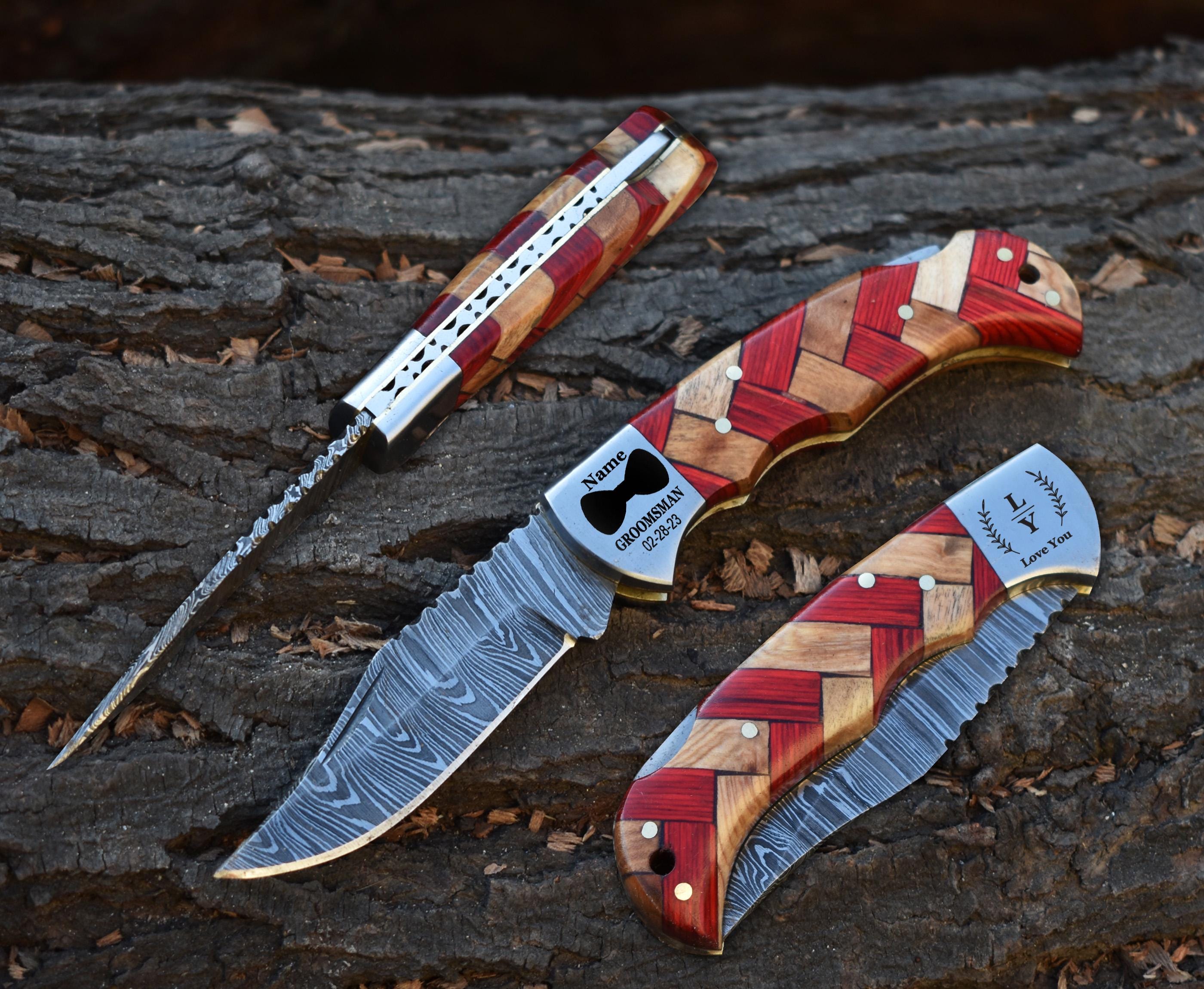 Handmade Damascus Pocket Knife Custom Groomsmen Gift Anniversary Gift for him Dad Husband Personalized Gift for Men Graduation gifts for him