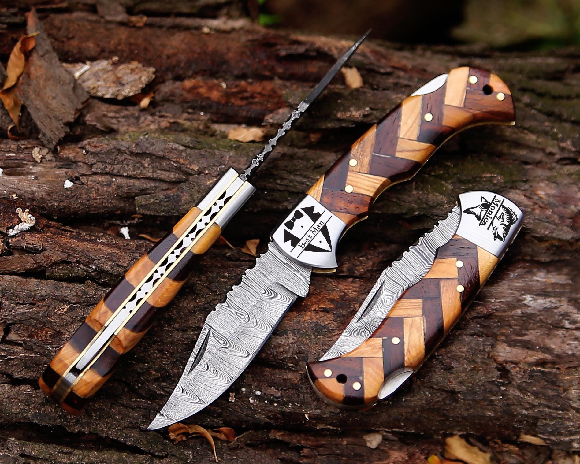 Handmade Damascus Pocket Knife Blue Wood Handle Birthday Gift Folding Knife Groomsmen Gift Anniversary Fathers day Personalized Gift for Men
