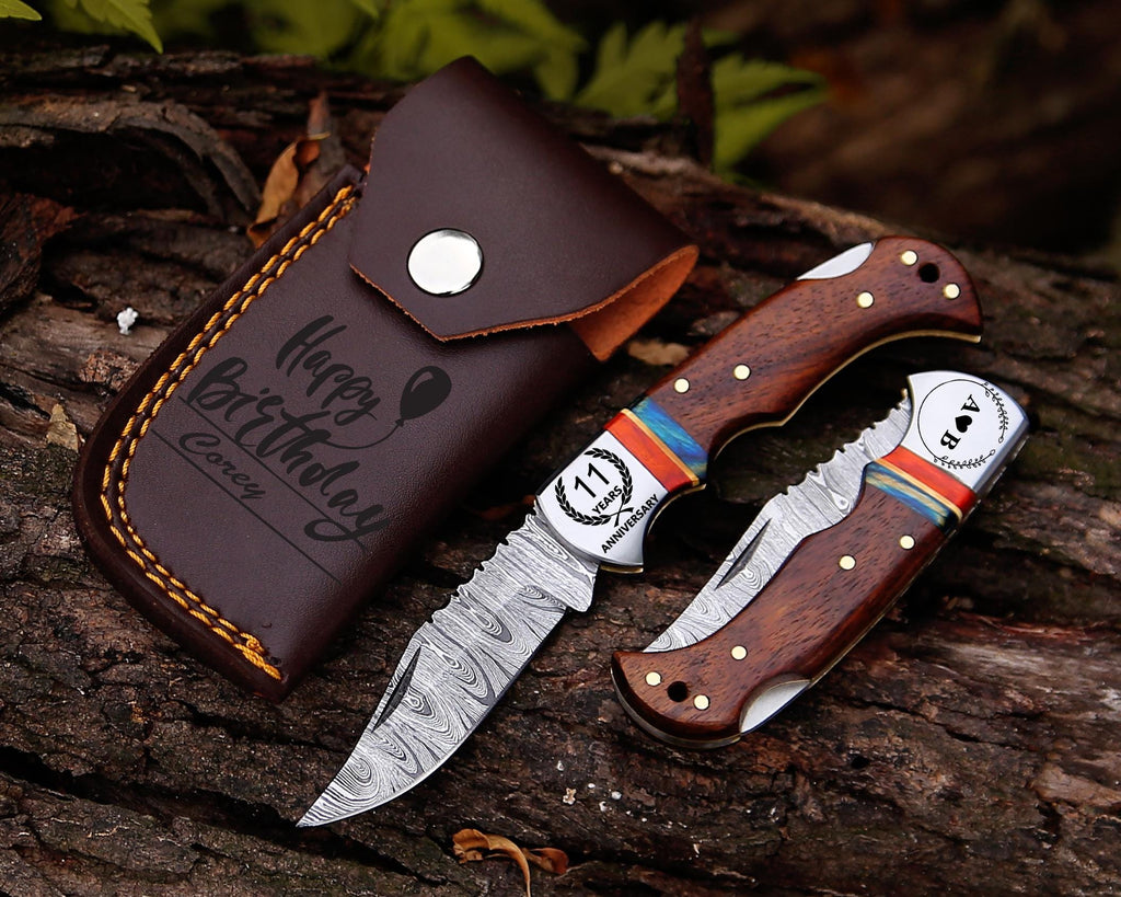 Customized Damascus Pocket Knife Rose Wood Handle Birthday Gift Folding Knife Groomsmen Gift Anniversary Wedding Personalized Best Dad Gift