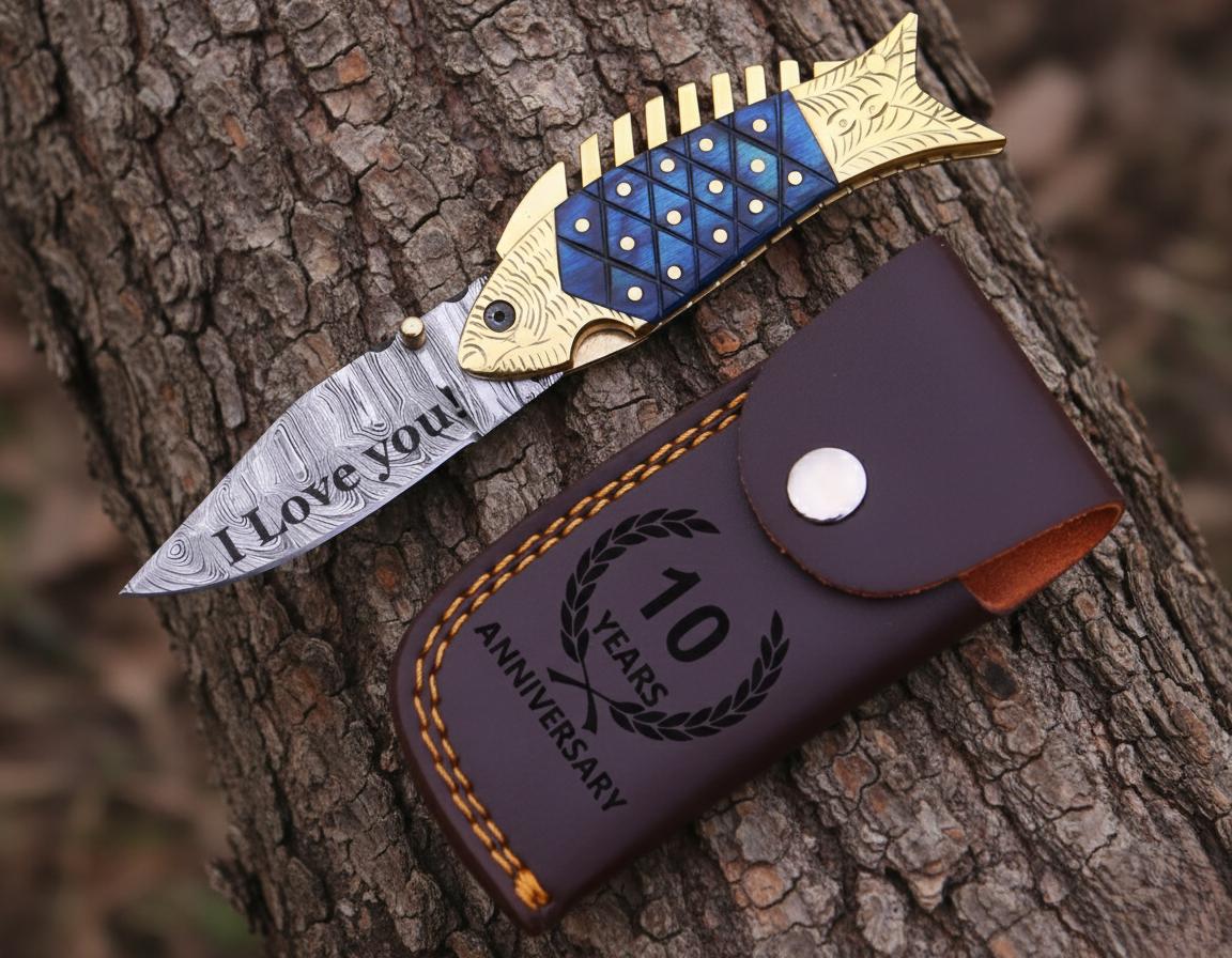 Luxury Damascus Fish Pocket Knife Blue Wood Handle Birthday Gift Folding Knife Best man Gift Anniversary Wedding Personalized Gift for Men