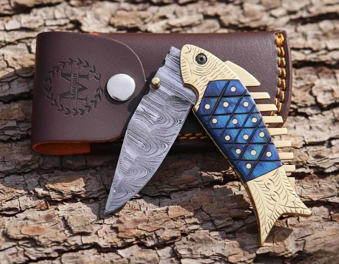Personalized Damascus Folding Knife, Engraved Brass Handle, Groomsmen Gift, Wedding Anniversary Gift for Husband, boyfriend Gift for Men