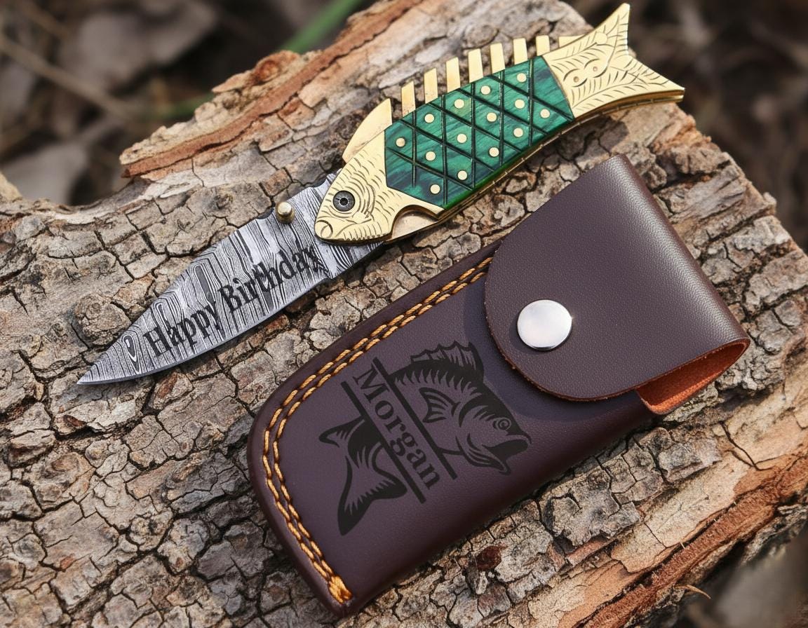 Luxury Damascus Fish Pocket Knife Blue Wood Handle Birthday Gift Folding Knife Best man Gift Anniversary Wedding Personalized Gift for Men