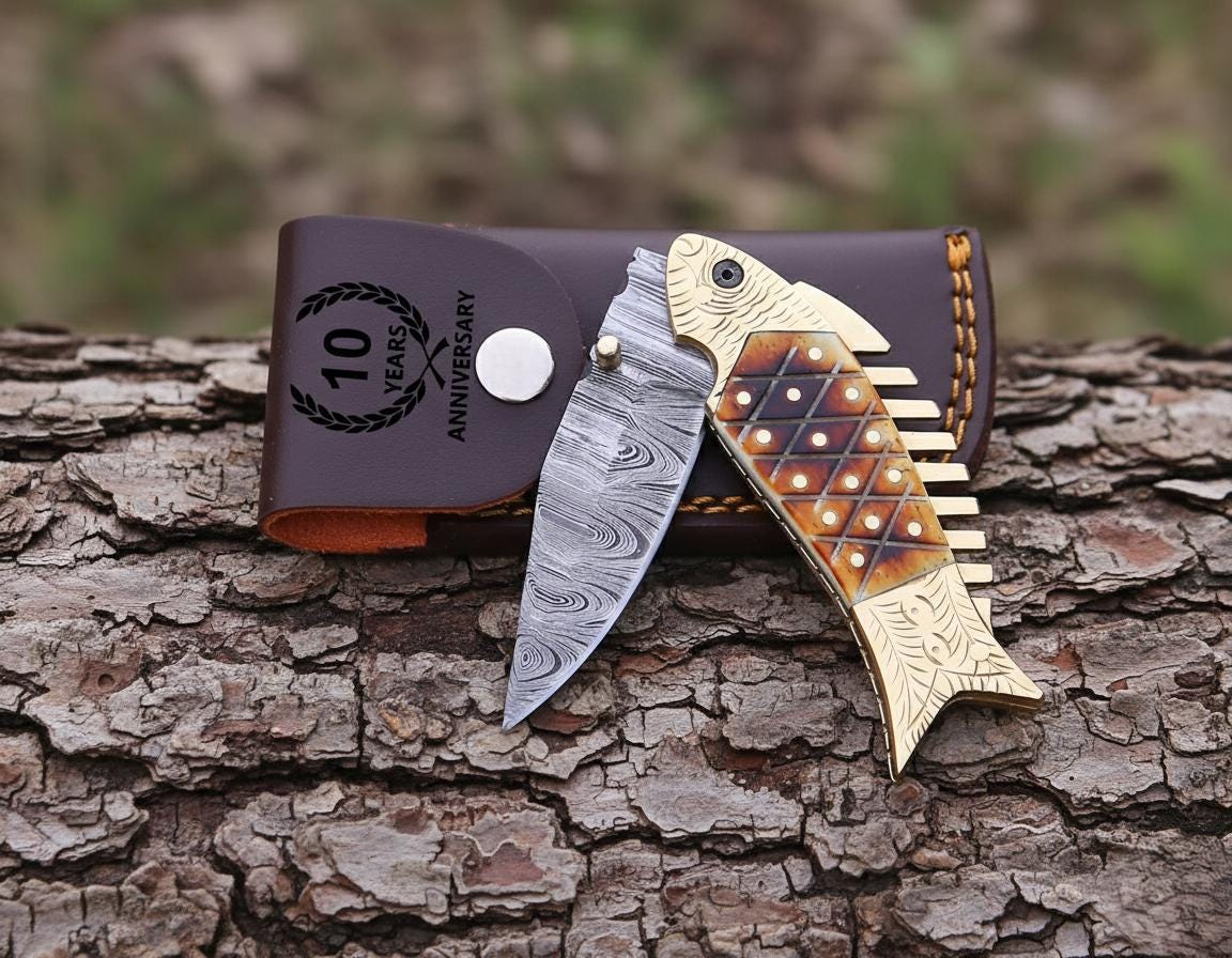 Luxury Damascus Fish Pocket Knife Blue Wood Handle Birthday Gift Folding Knife Best man Gift Anniversary Wedding Personalized Gift for Men