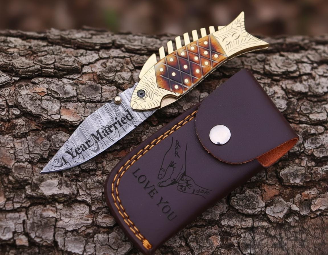 Personalized Damascus Folding Knife, Engraved Brass Handle, Groomsmen Gift, Wedding Anniversary Gift for Husband, boyfriend Gift for Men