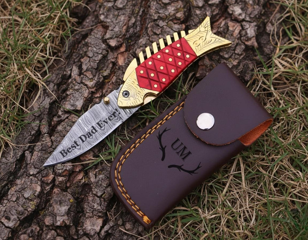 Luxury Damascus Fish Pocket Knife Blue Wood Handle Birthday Gift Folding Knife Best man Gift Anniversary Wedding Personalized Gift for Men