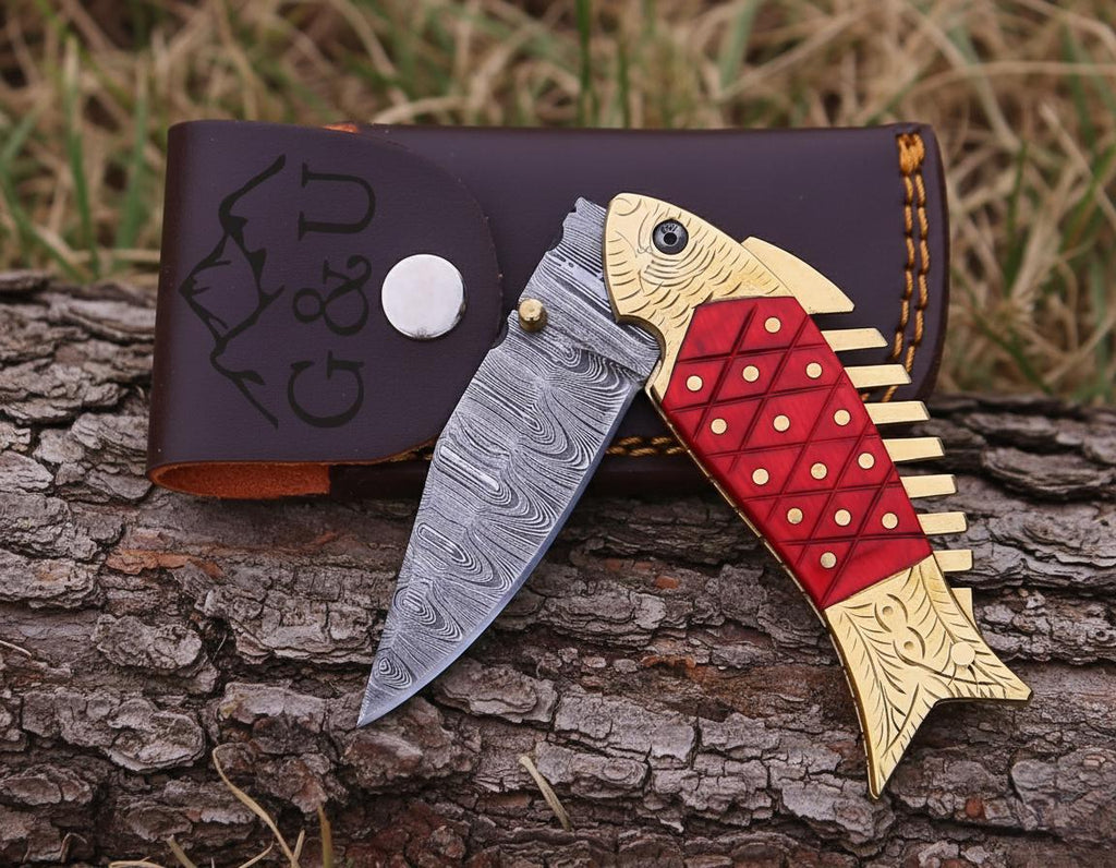 Premium Damascus Fish Pocket Knife Green Wood Handle Birthday Gift Folding Knife Groomsman Gift Anniversary Wedding Engraved Gift for Men