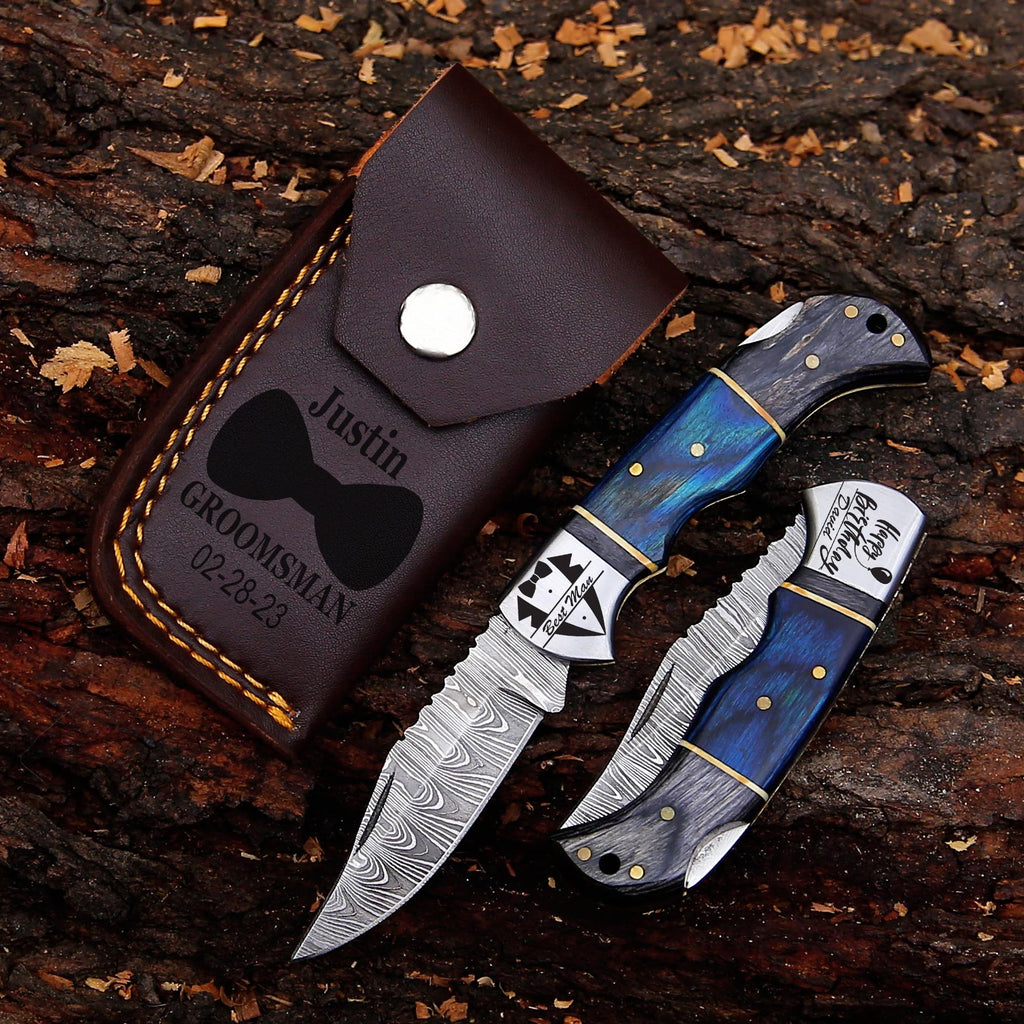 Handmade Damascus Pocket Knife Multi color Handle Birthday Gift Folding Knife Groomsmen Gift Anniversary Wedding Gift Fathers day Gift Love