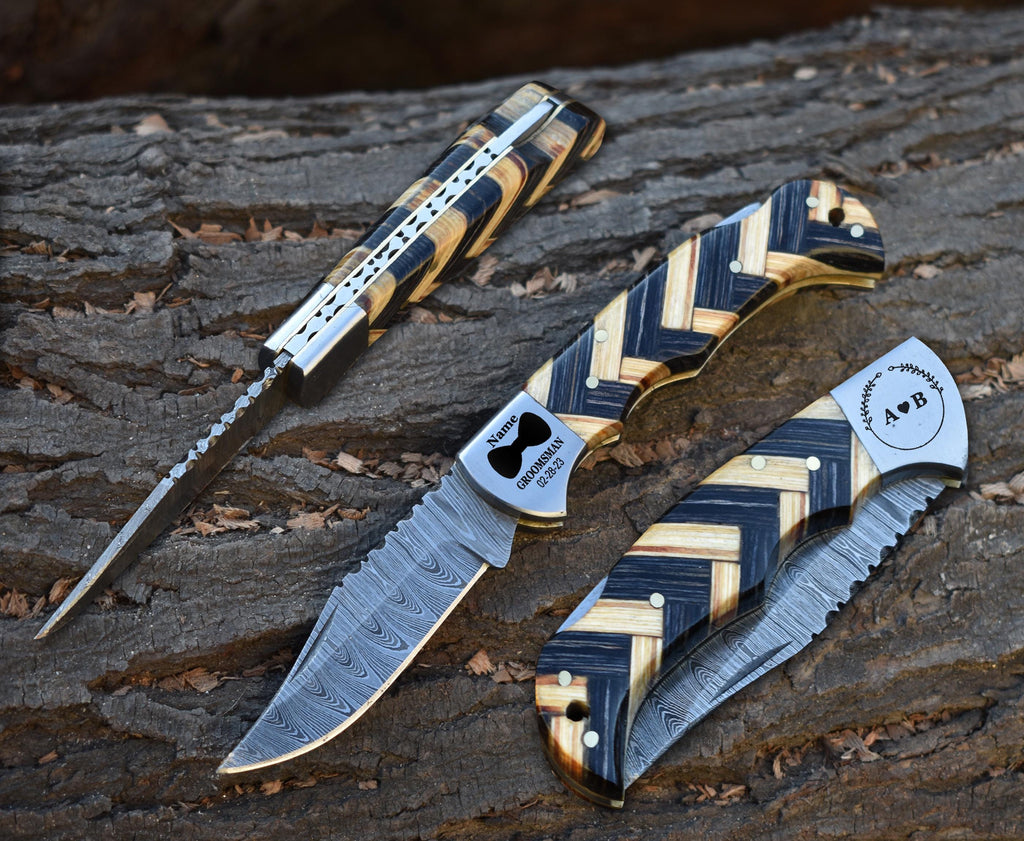 Handmade Damascus Pocket Knife Multi color Handle Birthday Gift Folding Knife Groomsmen Gift Anniversary Wedding Gift Fathers day Gift Love