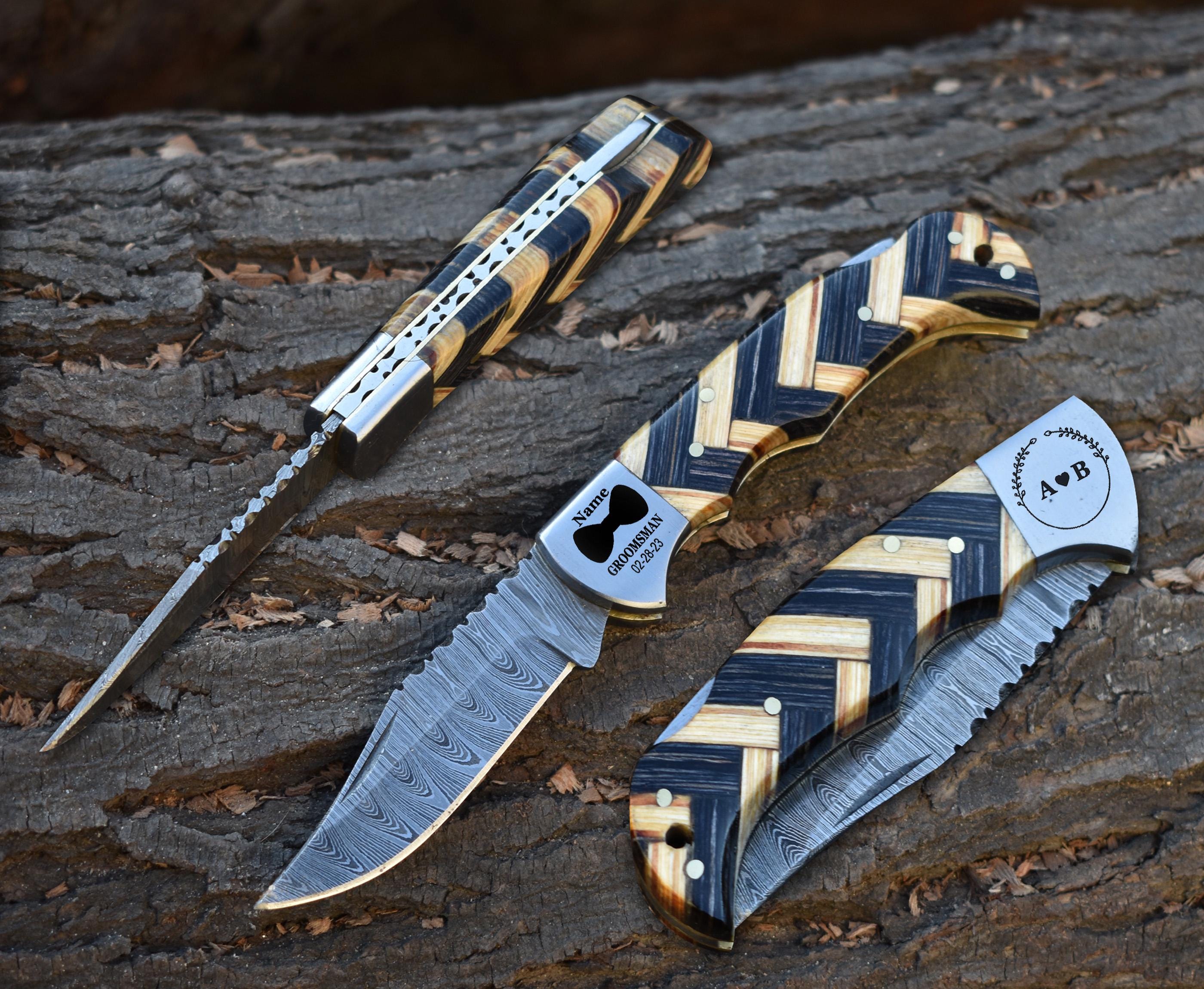Handmade Damascus Pocket Knife Wangi Wood Handle Birthday Gift Folding Knife Bestman Gift 10th Anniversary Wedding Gift Father day Gift Love