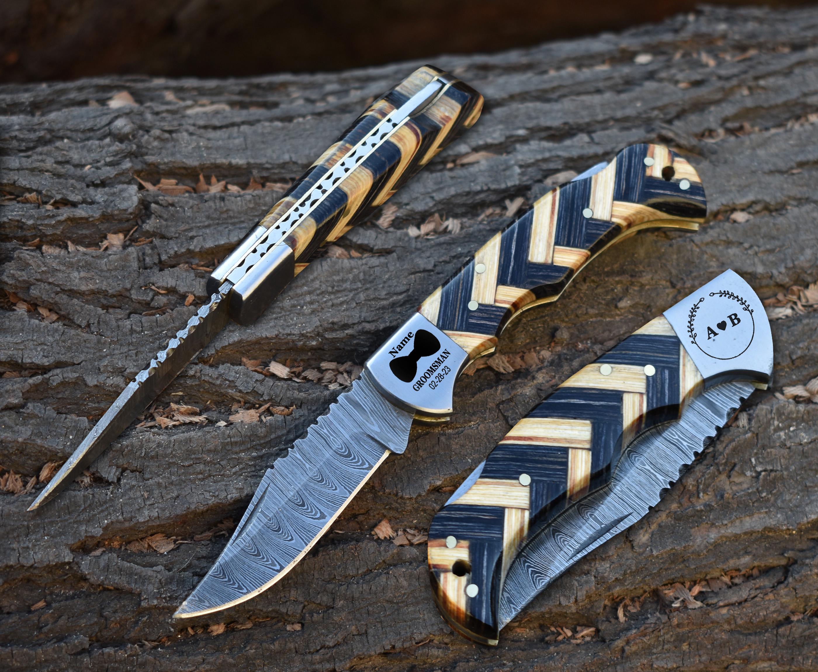 Handmade Damascus Pocket Knife White color Handle Birthday Gift Folding Knife Groomsmen Gift Anniversary Wedding Gift Fathers day Gift Love