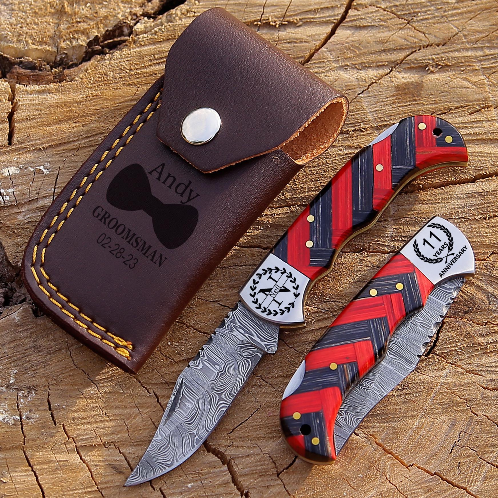 Handmade Damascus Pocket Knife Blue Wood Handle Birthday Gift Folding Knife Groomsmen Gift Anniversary Fathers day Personalized Gift for Men