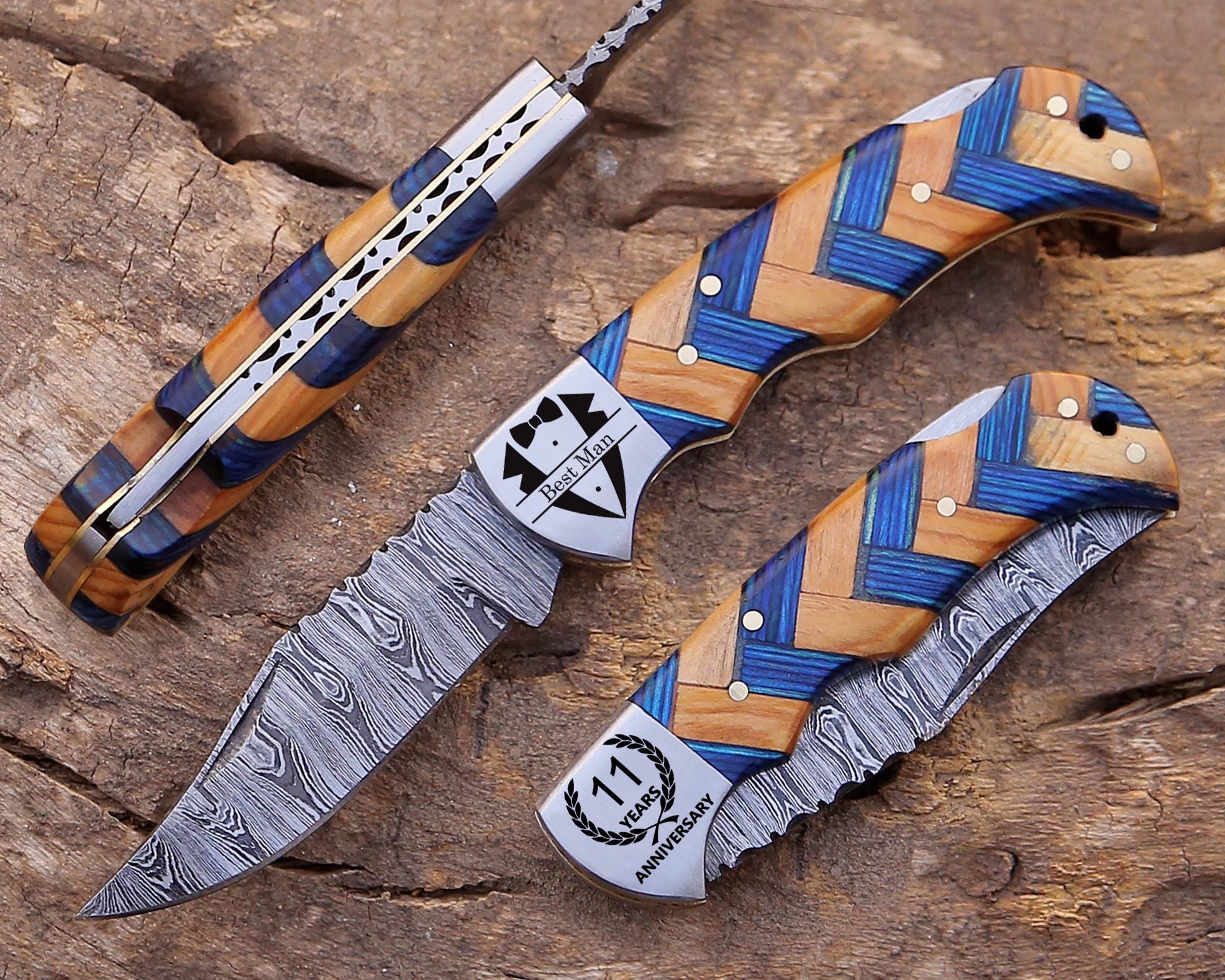 Handmade Damascus Pocket Knife Blue Wood Handle Birthday Gift Folding Knife Groomsmen Gift Anniversary Fathers day Personalized Gift for Men