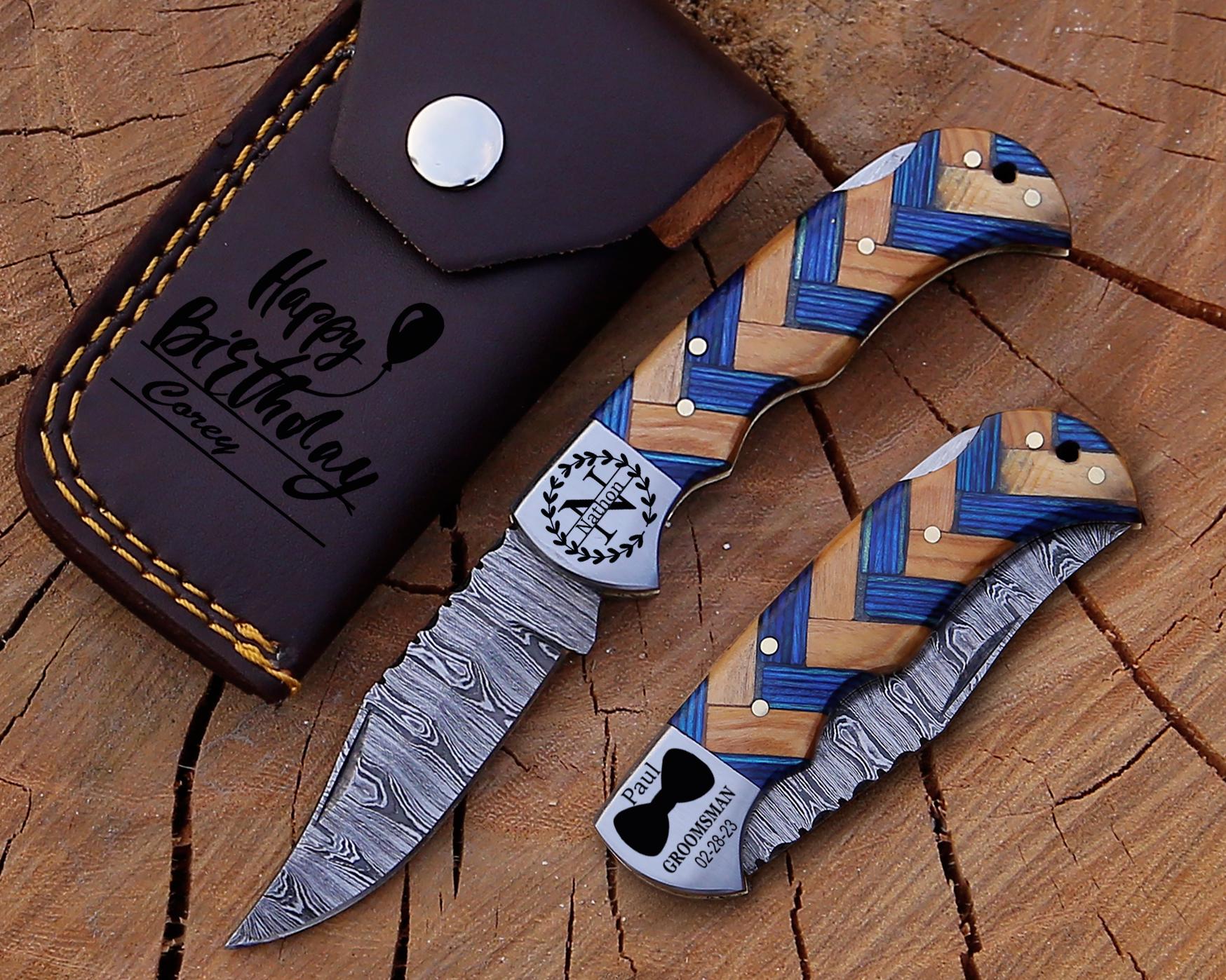 Handmade Damascus Pocket Knife Blue Wood Handle Birthday Gift Folding Knife Groomsmen Gift Anniversary Fathers day Personalized Gift for Men