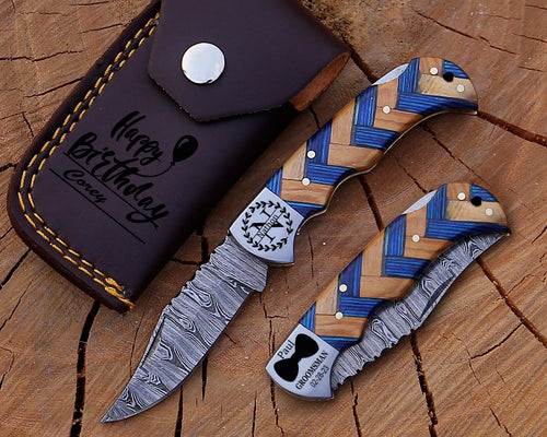 Handmade Damascus Pocket Knife Blue Wood Handle Birthday Gift Folding Knife Groomsmen Gift Anniversary Fathers day Personalized Gift for Men