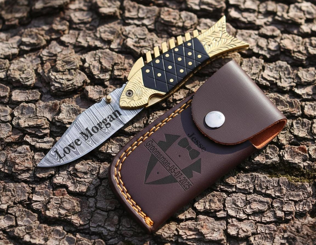 Luxury Damascus Fish Pocket Knife Blue Wood Handle Birthday Gift Folding Knife Best man Gift Anniversary Wedding Personalized Gift for Men