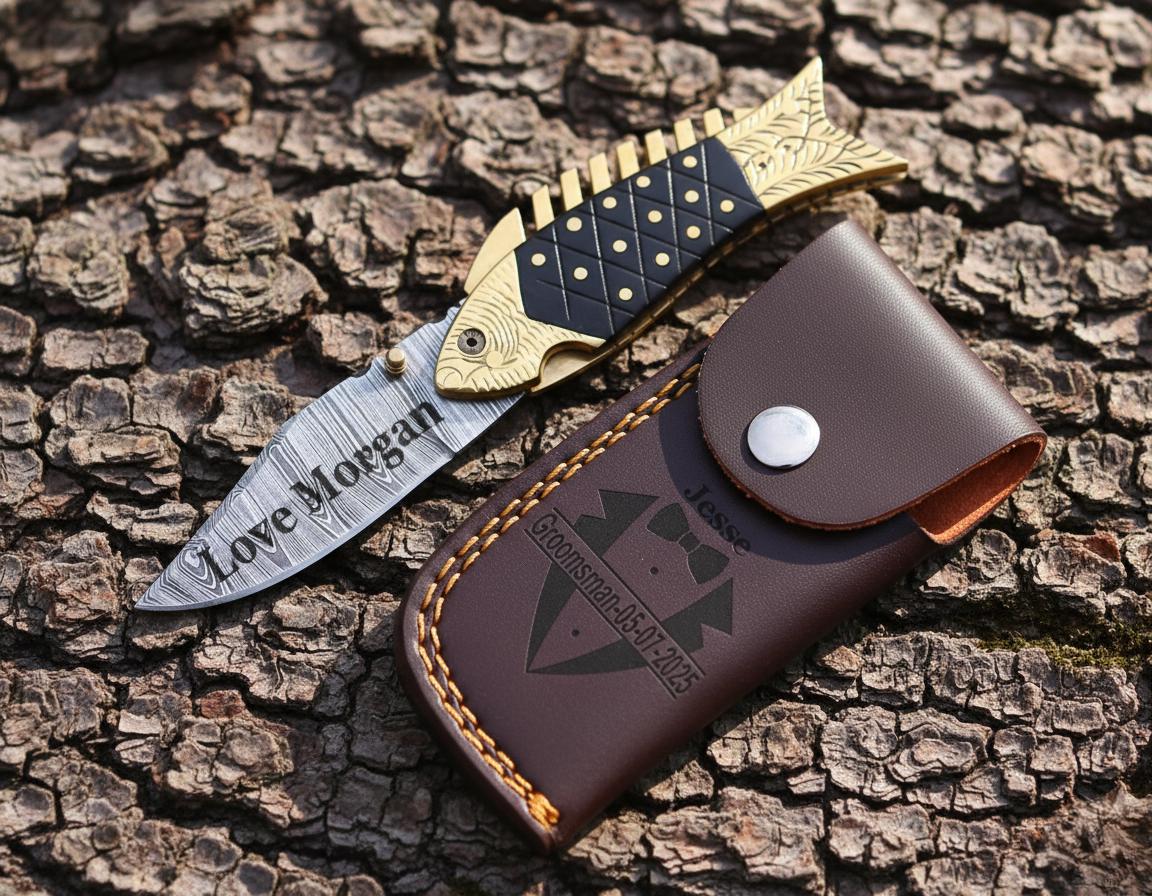 Premium Damascus Fish Pocket Knife Green Wood Handle Birthday Gift Folding Knife Groomsman Gift Anniversary Wedding Engraved Gift for Men