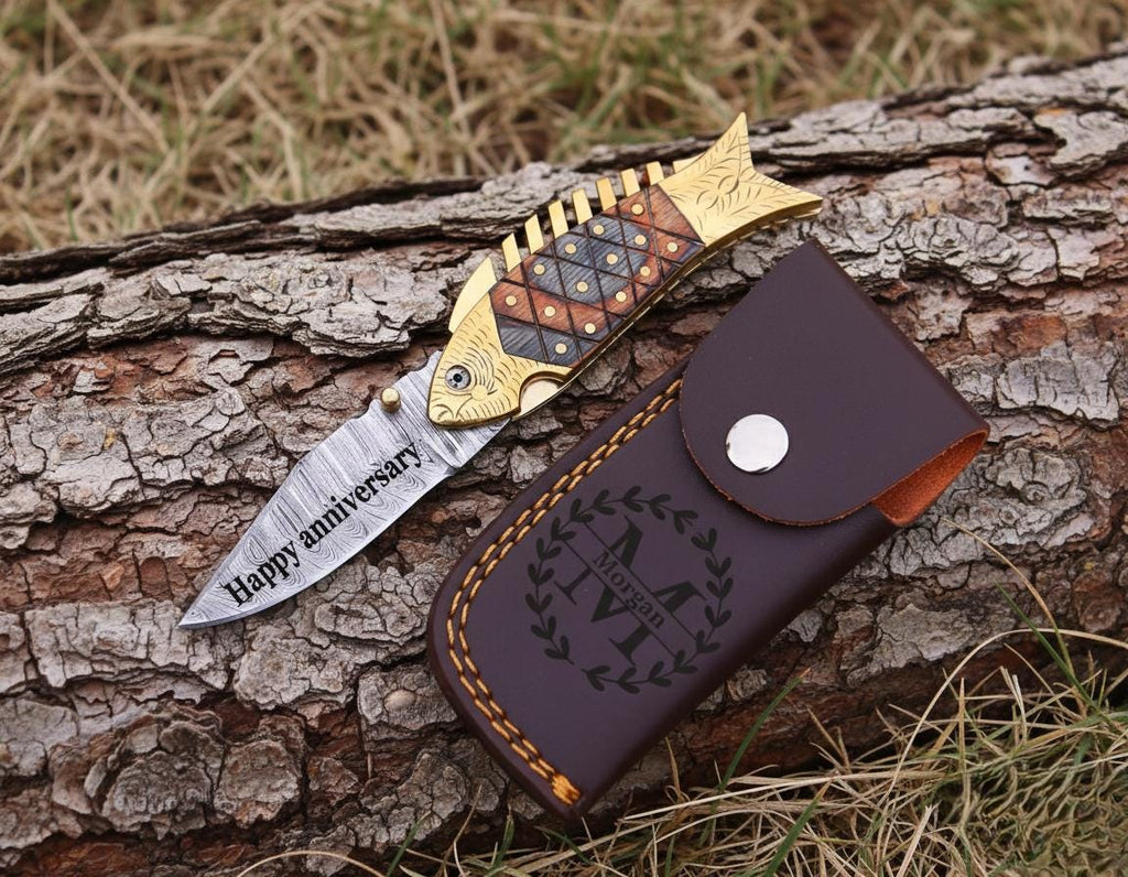 Luxury Damascus Fish Pocket Knife Blue Wood Handle Birthday Gift Folding Knife Best man Gift Anniversary Wedding Personalized Gift for Men
