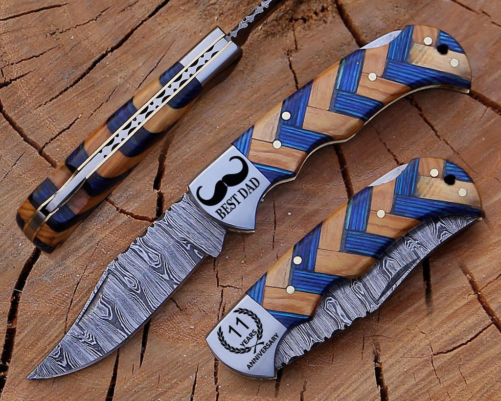 Customized Damascus Pocket Knife Rose Wood Handle Birthday Gift Folding Knife Groomsmen Gift Anniversary Wedding Personalized Best Dad Gift
