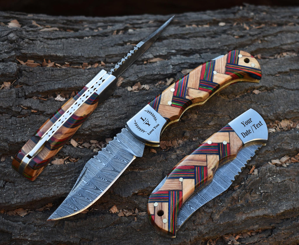 Handmade Damascus Pocket Knife White color Handle Birthday Gift Folding Knife Groomsmen Gift Anniversary Wedding Gift Fathers day Gift Love