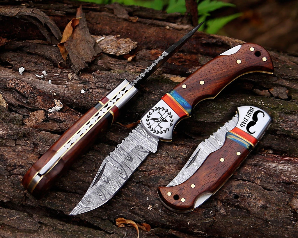 Handmade Damascus Pocket Knife Wangi Wood Handle Birthday Gift Folding Knife Bestman Gift 10th Anniversary Wedding Gift Father day Gift Love