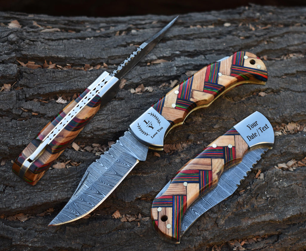 Handmade Damascus Pocket Knife Blue Wood Handle Birthday Gift Folding Knife Groomsmen Gift Anniversary Fathers day Personalized Gift for Men