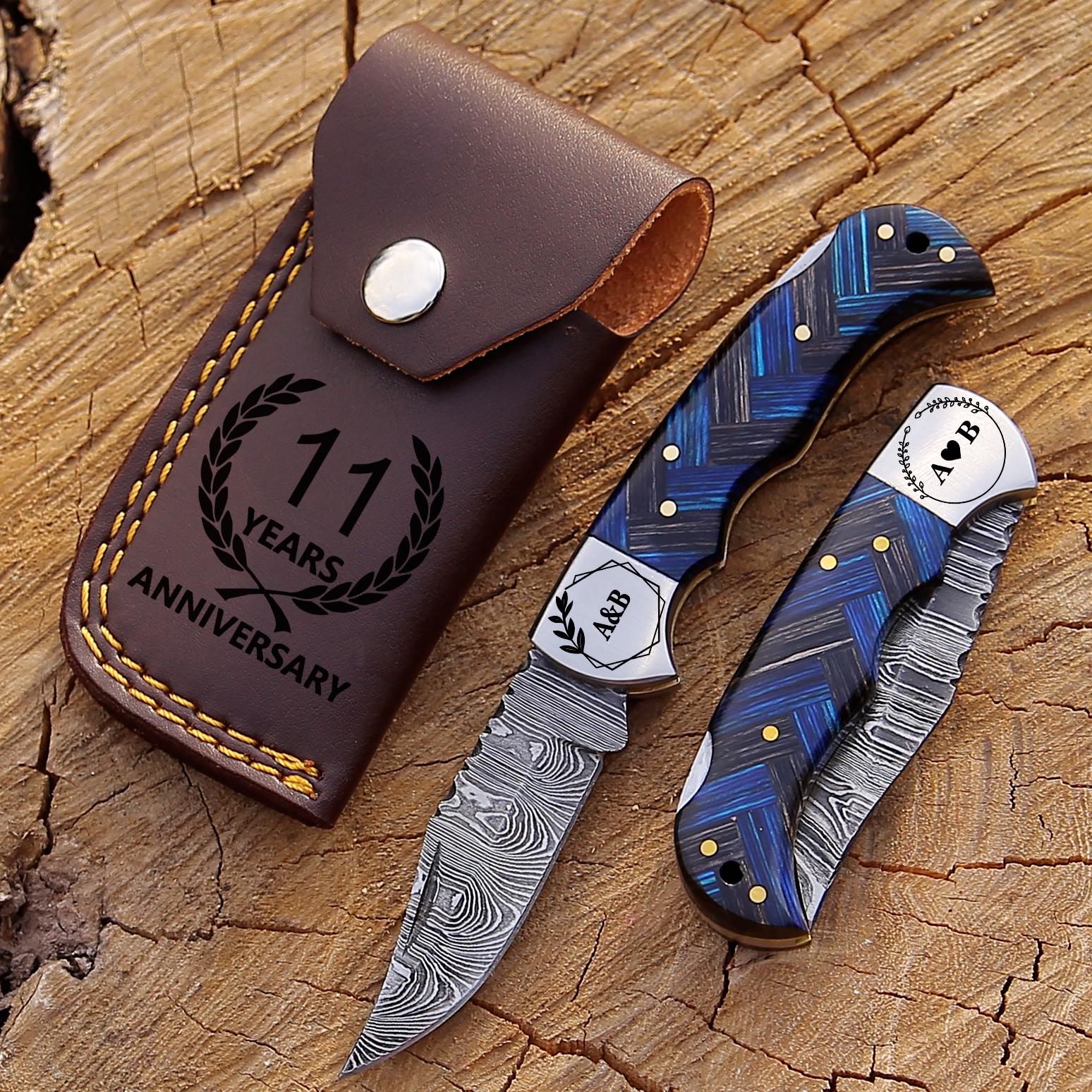 Handmade Damascus Pocket Knife Blue Wood Handle Birthday Gift Folding Knife Groomsmen Gift Anniversary Fathers day Personalized Gift for Men